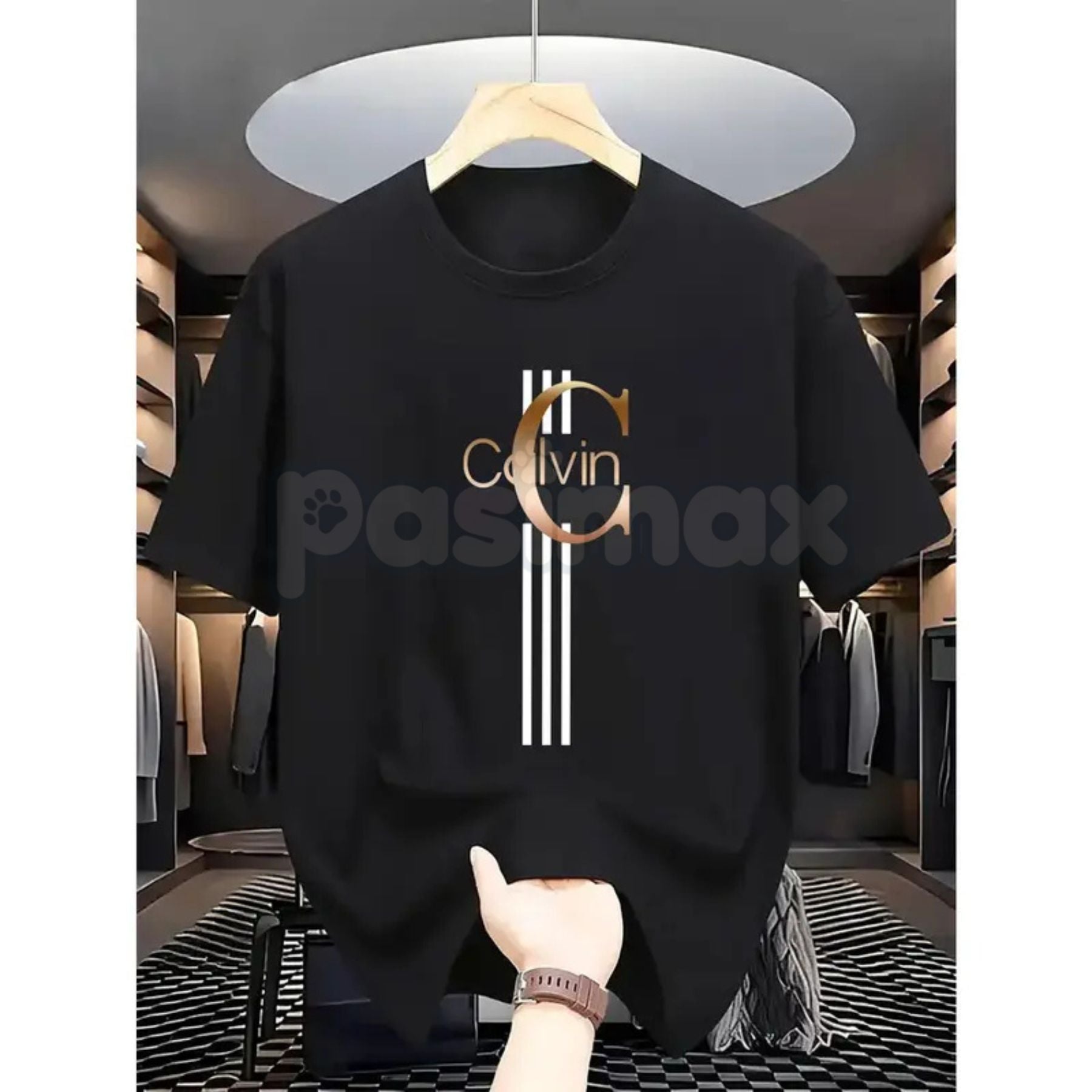 Pasimax Men's Casual Calvin Print T-Shirt - Black & Gold Stripes Streetwear Tee, Comfortable Summer Crew Neck Top, Modern Urb