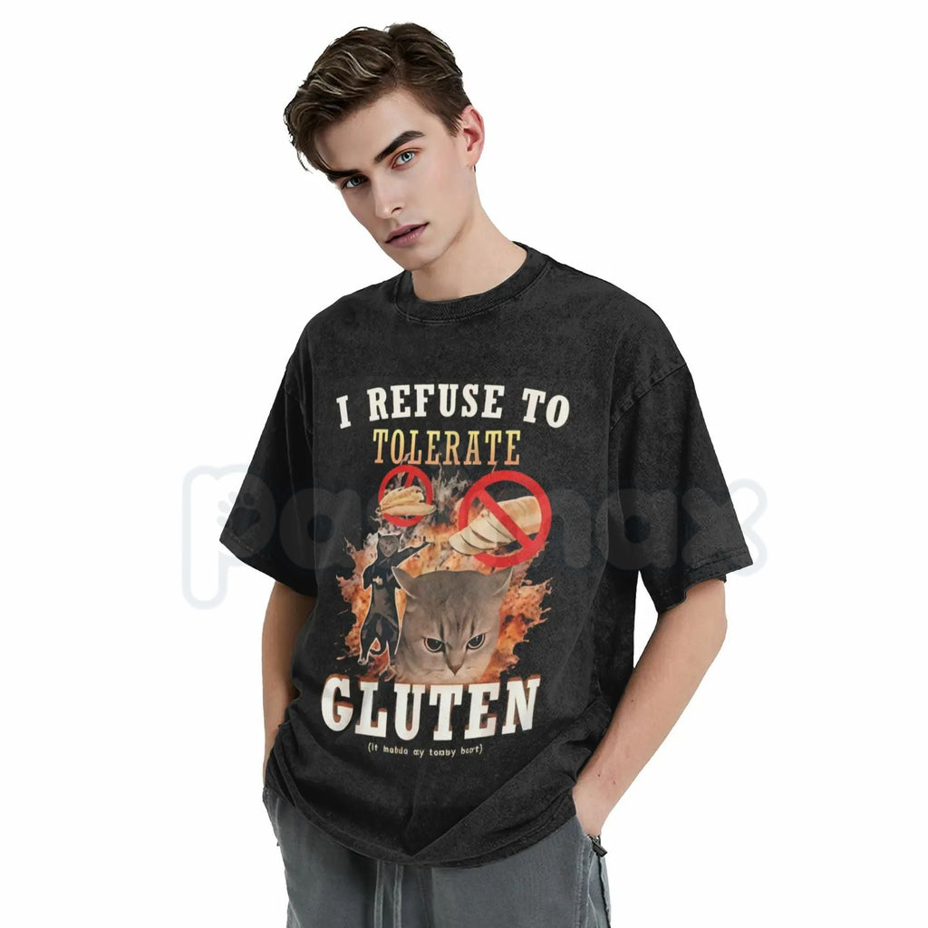 Pasimax I Refuse To Tolerate Gluten Washed T-Shirt – Funny Sarcastic Quote Tee, Vintage Gluten-Free Graphic Shirt — lifestyle