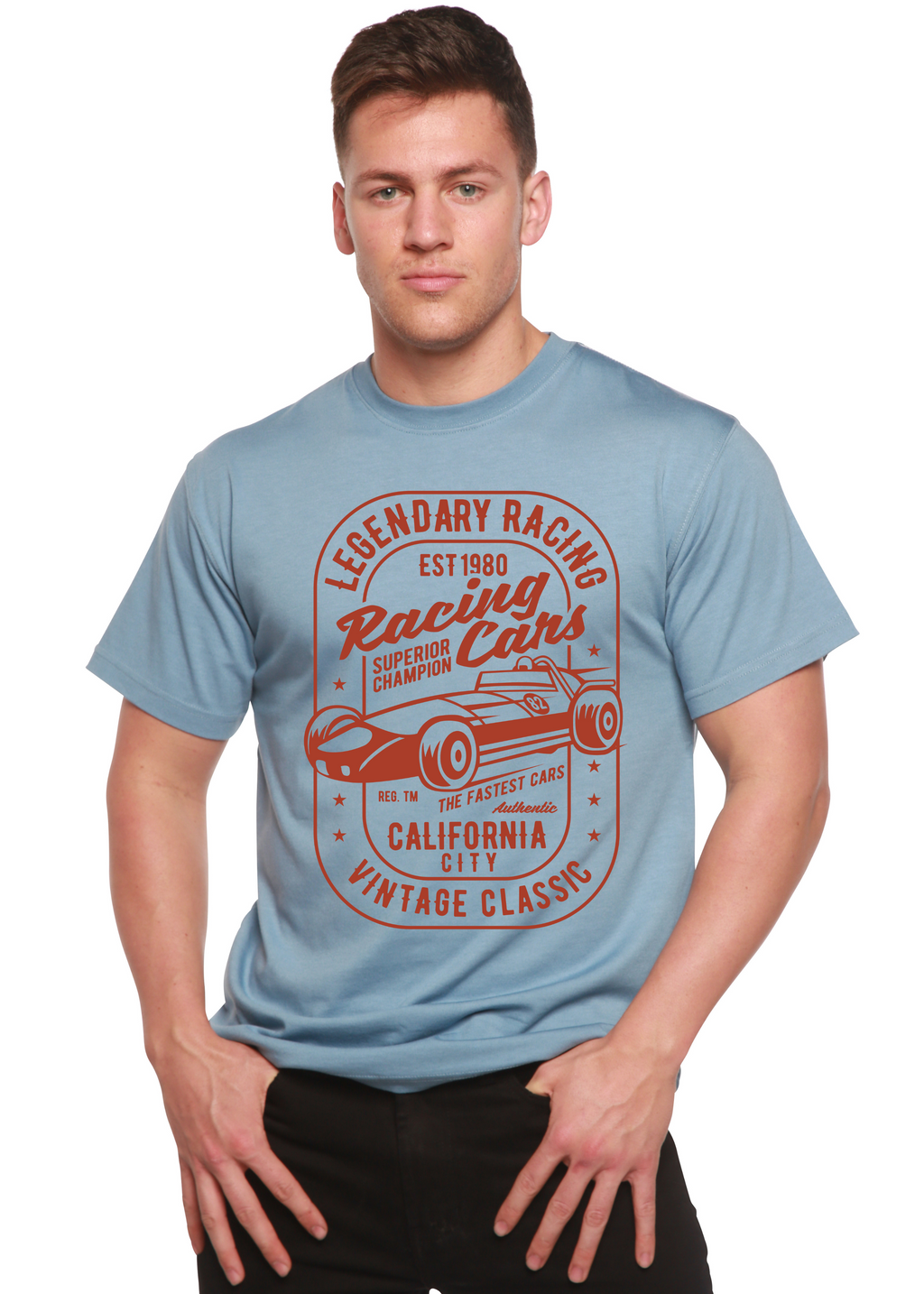 Spun Bamboo Legendary Racing Cars Men's Bamboo Viscose/Organic Cotton Short Sleeve Graphic T-Shirt — lifestyle context