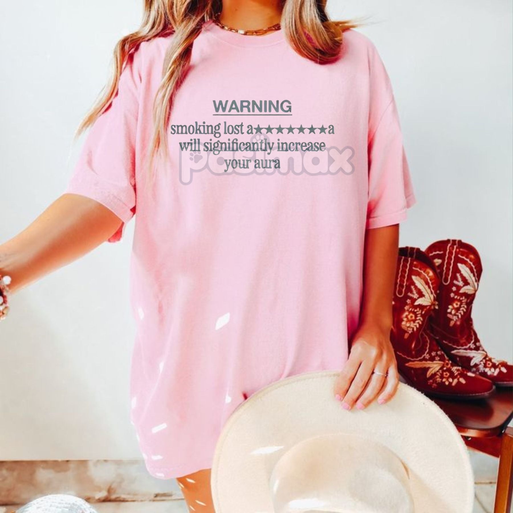 Pasimax "Smoking Lost Will Increase Your Aura" Warning Shirt — lifestyle context