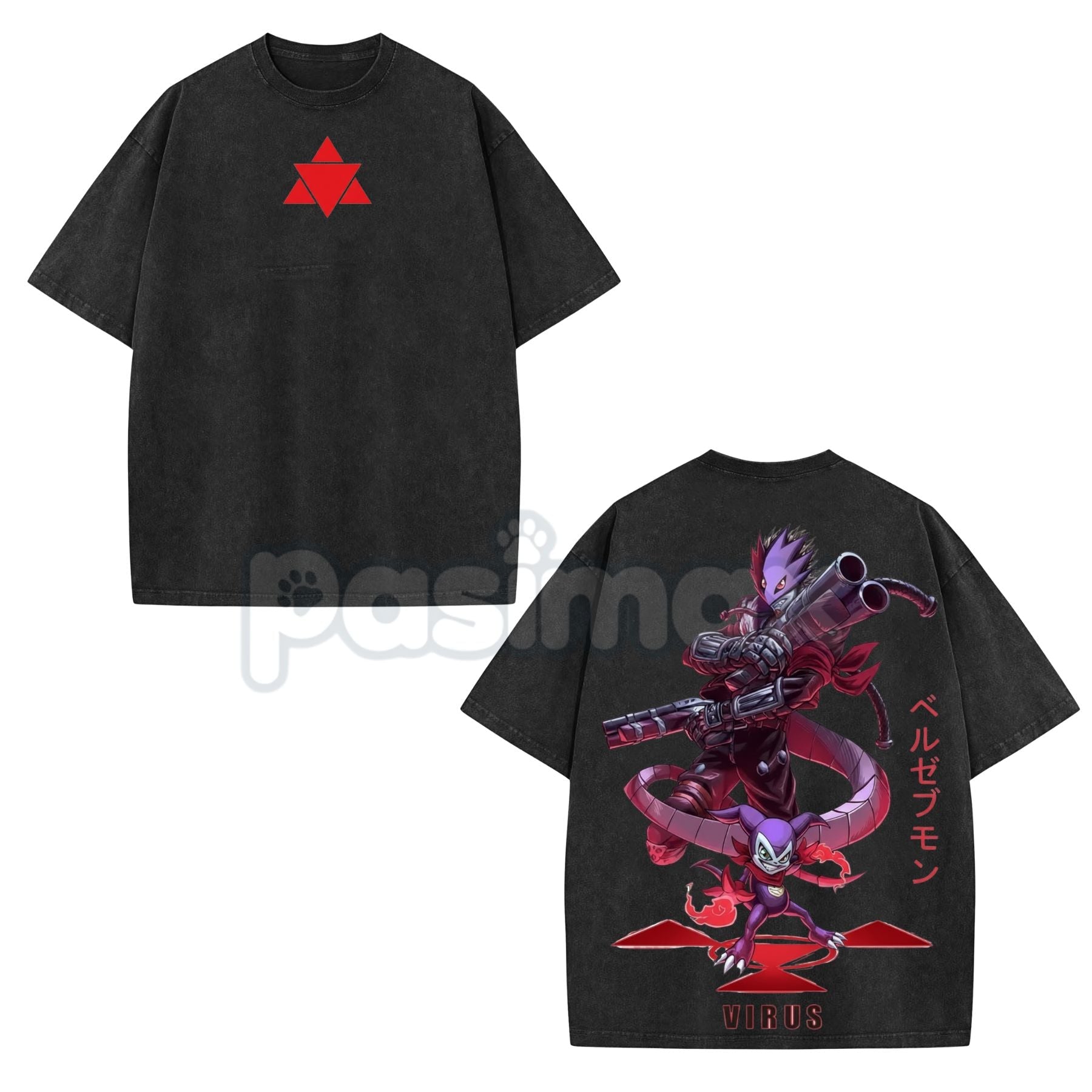 Pasimax Beelzemon x Impmon T-Shirt – Digimon Vintage Washed Oversized Heavy Cotton Anime Tee — lifestyle context
