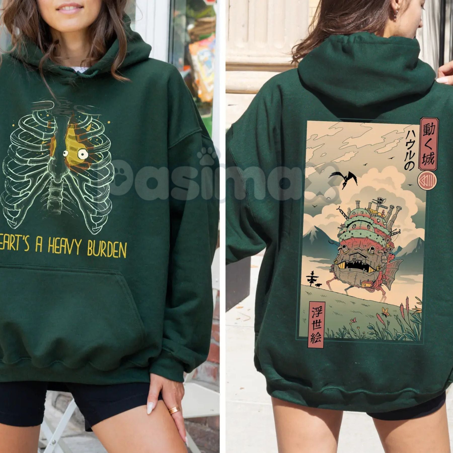 Pasimax Anime "A Heart's A Heavy Burden" 2-Sided Hoodie – Studio Ghibli Inspired Quote Pullover, Fantasy & Film Fan Apparel, 