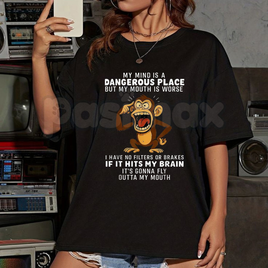 "My Mind Is a Dangerous Place" Slogan T-Shirt – Deep Thinker Edgy Graphic Tee, Premium 100% Cotton Philosophical Quote Top, Soft Lived-In Heavyweight Introvert Statement Shirt, Made in USA