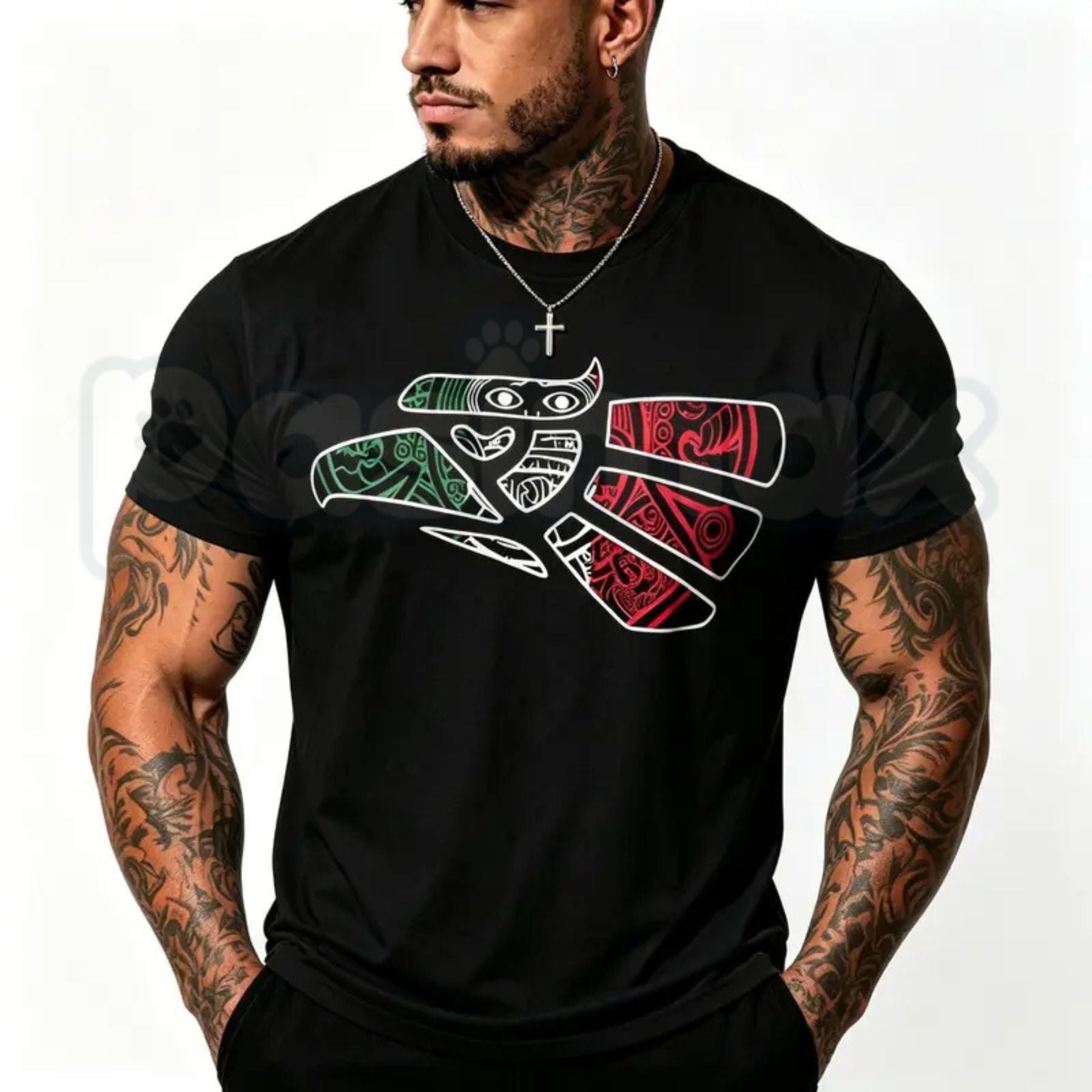 Latino Heritage Mexico Eagle Tribal Art T-Shirt – Bold Mexican Flag Tattoo Graphic Tee, Premium Men's Cultural Streetwear Shirt
