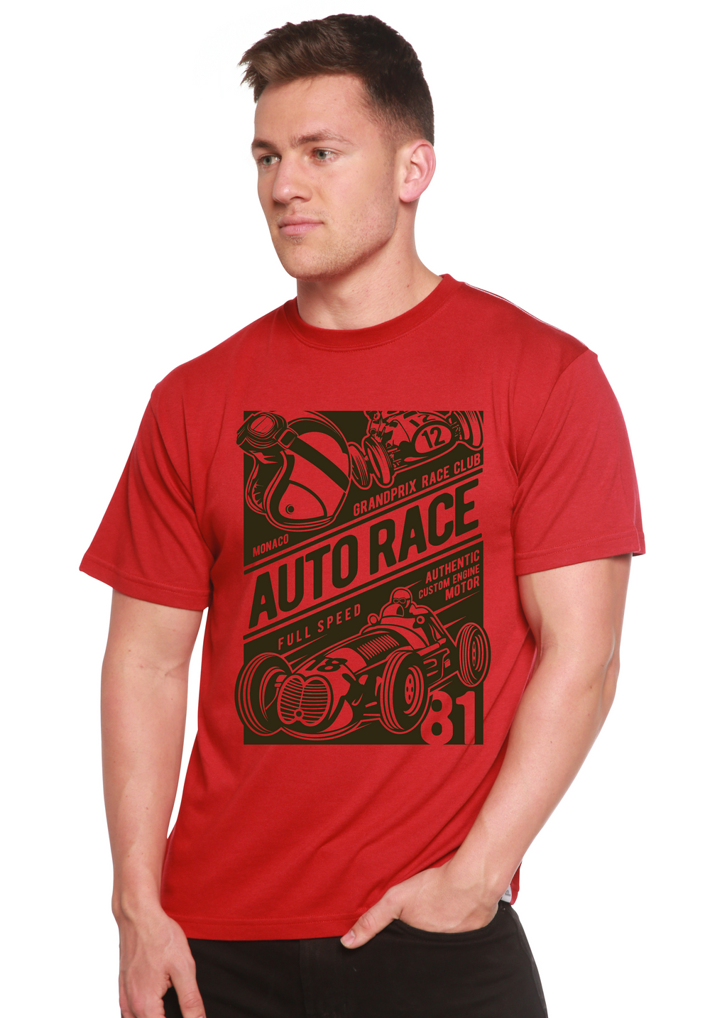 Spun Bamboo Auto Race Men's Bamboo Viscose/Organic Cotton Short Sleeve Graphic T-Shirt — side view