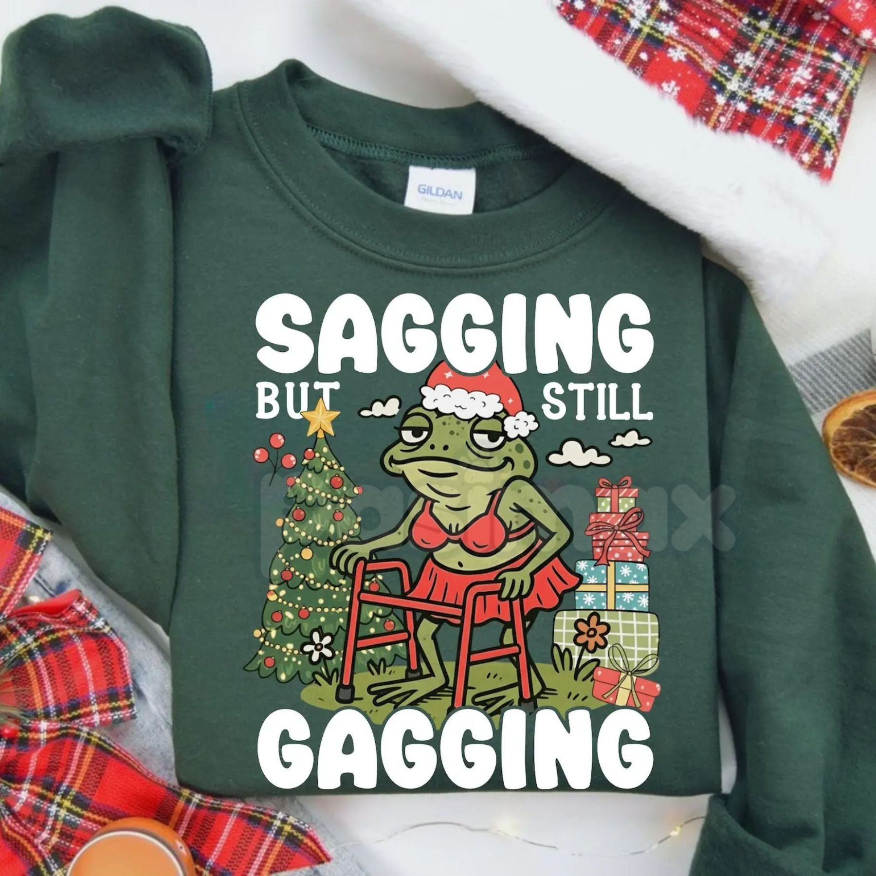Pasimax "Sagging But Still Gagging" Funny Christmas Meme Frog Sweatshirt – Sarcastic Holiday Crewneck — lifestyle context