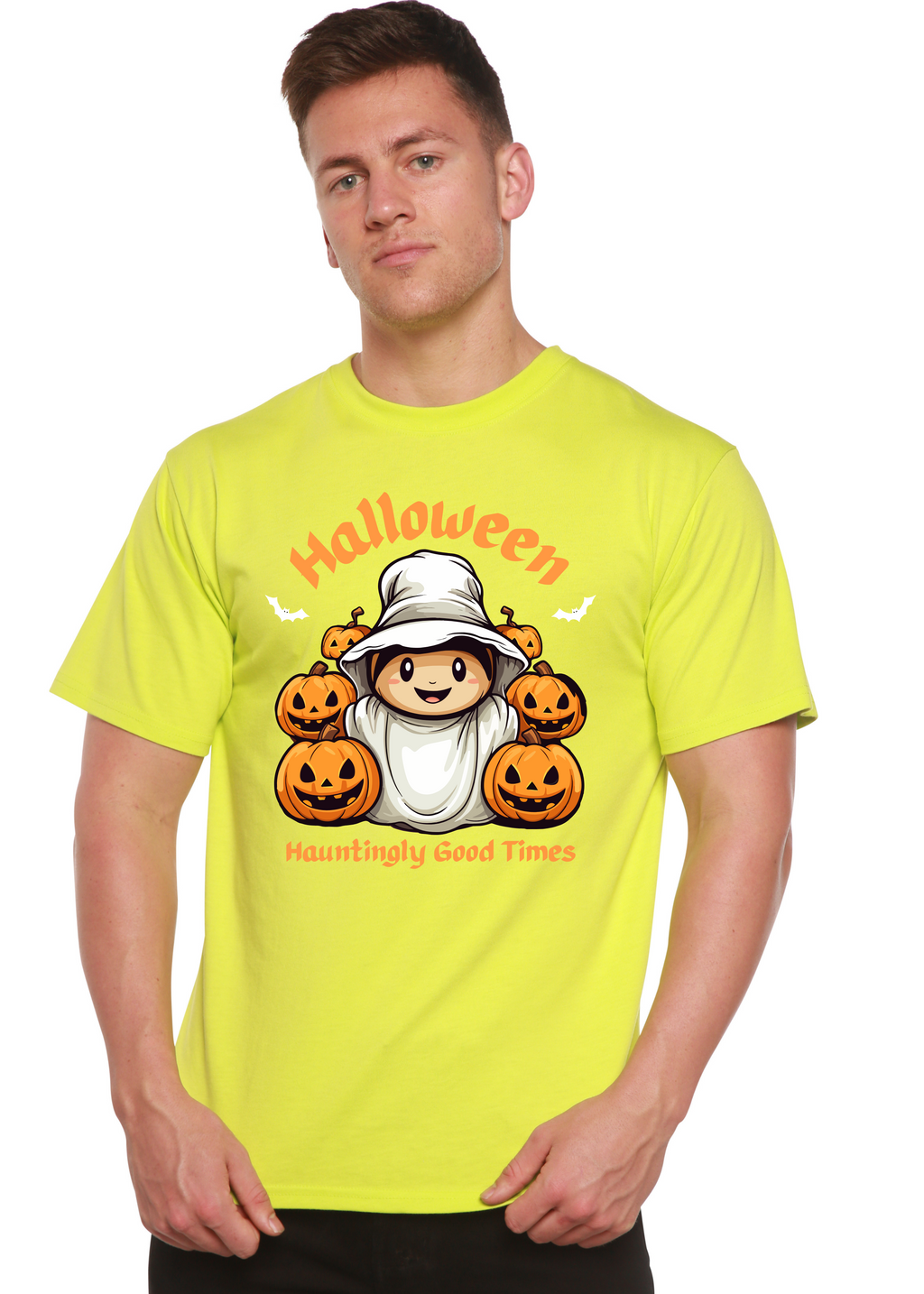 Spun Bamboo Halloween Hauntingly Good Times Day Men's Bamboo Viscose/Organic Cotton Short Sleeve Graphic T-Shirt — back view