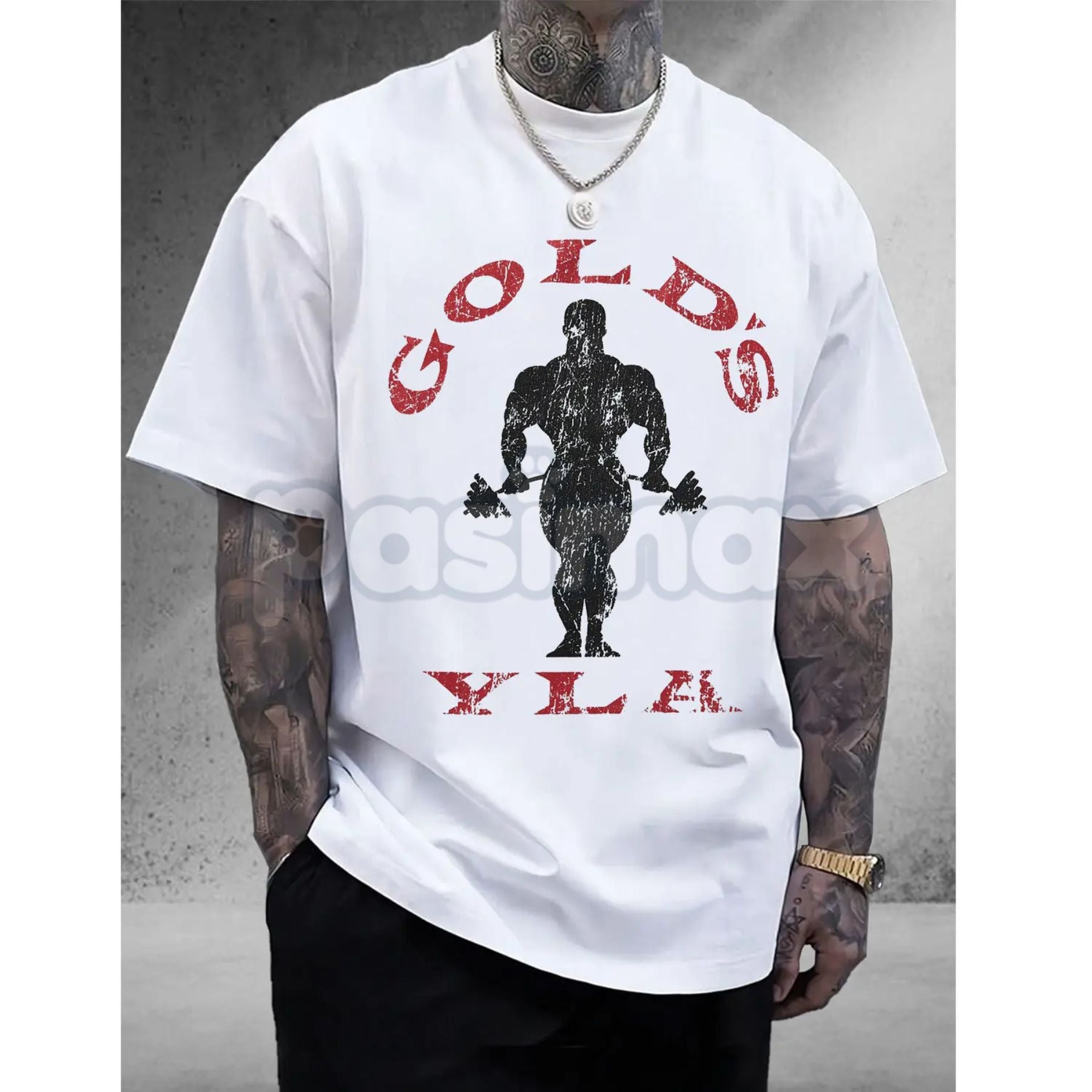 Pasimax Vintage Gold’s Gym Distressed T-Shirt - Retro Bodybuilding Muscle Beach Tee, Old School Weightlifting Heritage Shirt,