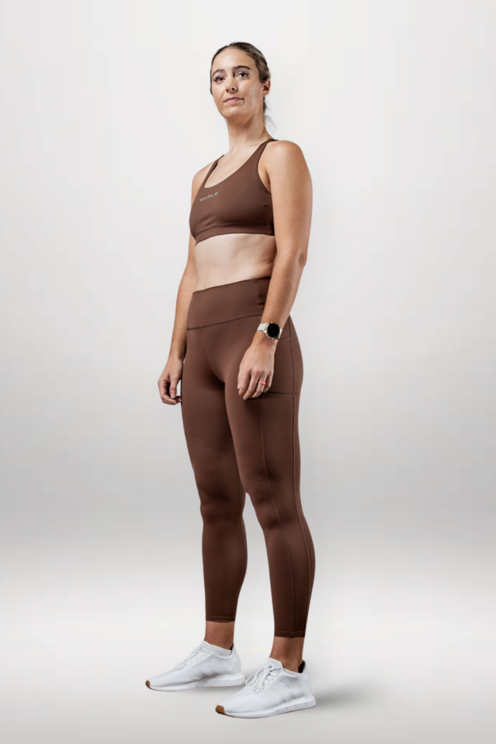 Varlo Women's SOHO Full Length High Waist Leggings (City Mocha) — fabric or material detail