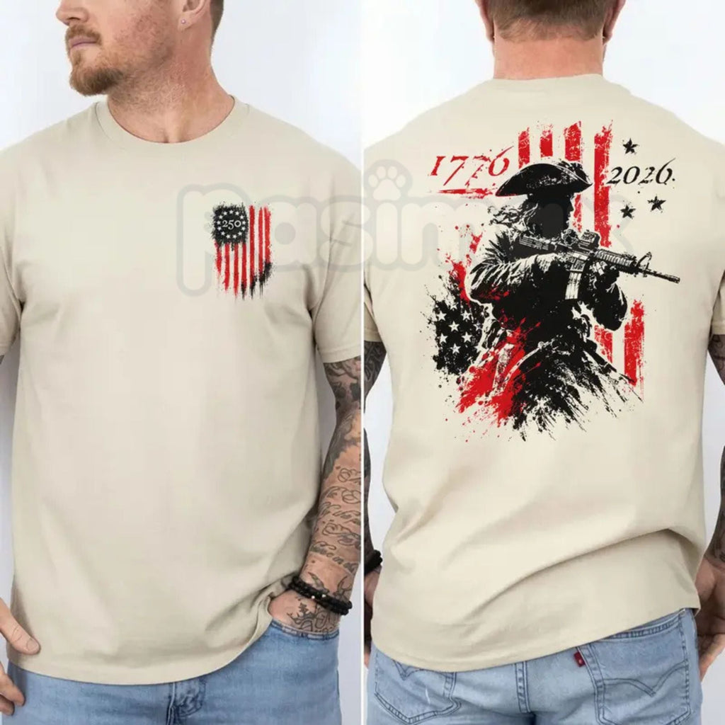 250th Anniversary Distressed American Flag 2-Sided T-Shirt – Retro 1776-2026 Revolutionary Soldier Patriotic Graphic Tee
