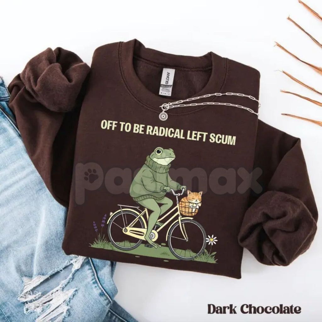 Pasimax Radical Left Scum Sweatshirt | Retro Groovy Political Crewneck | Vintage 70s Resistance Jumper | Frog and Cat Bicycle