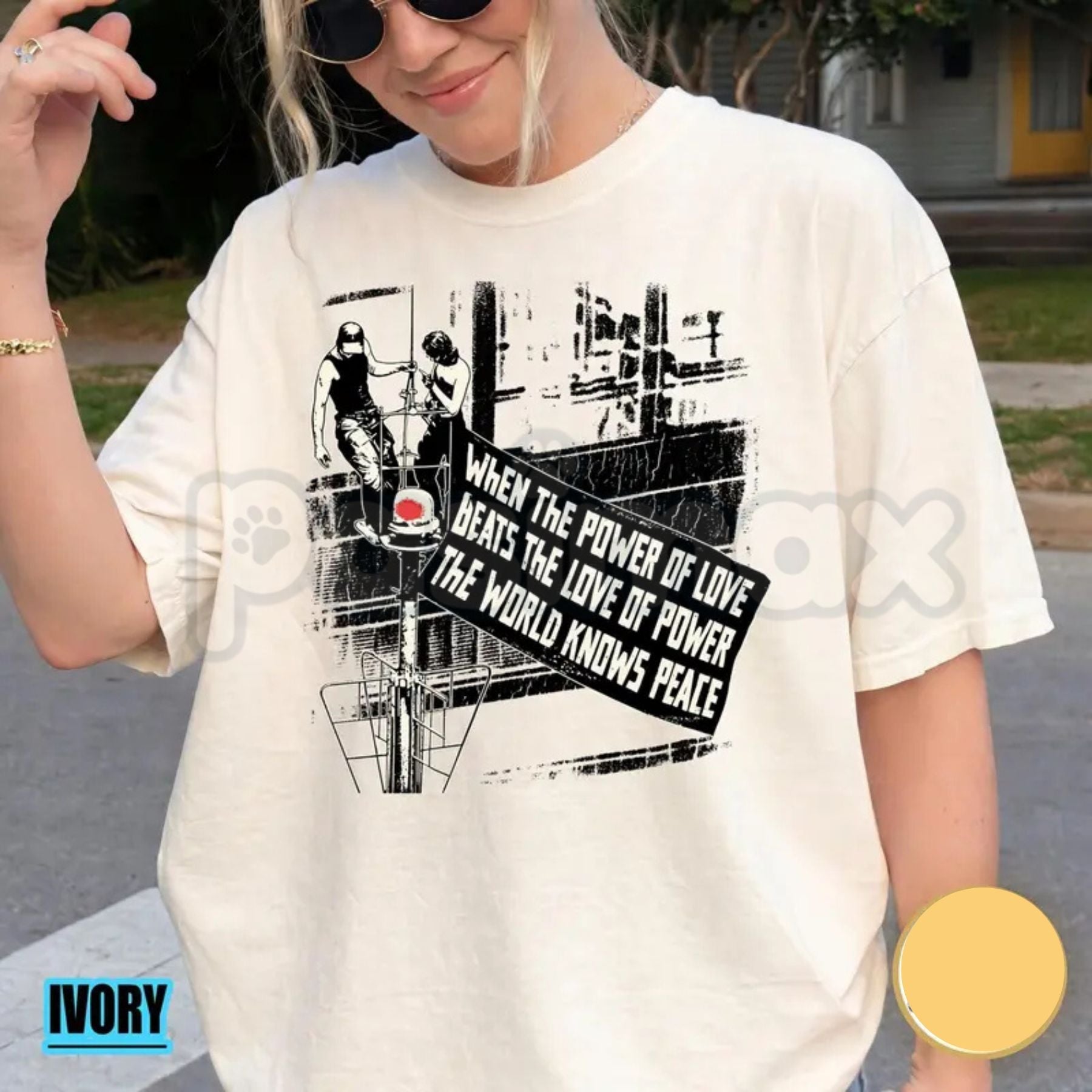 Comfort Colors® "When The Power Of Love Beats The Love Of Power" T-Shirt – Retro Aesthetic Peace Banner Graphic Tee, Viral Inspirational Quote Unisex Top