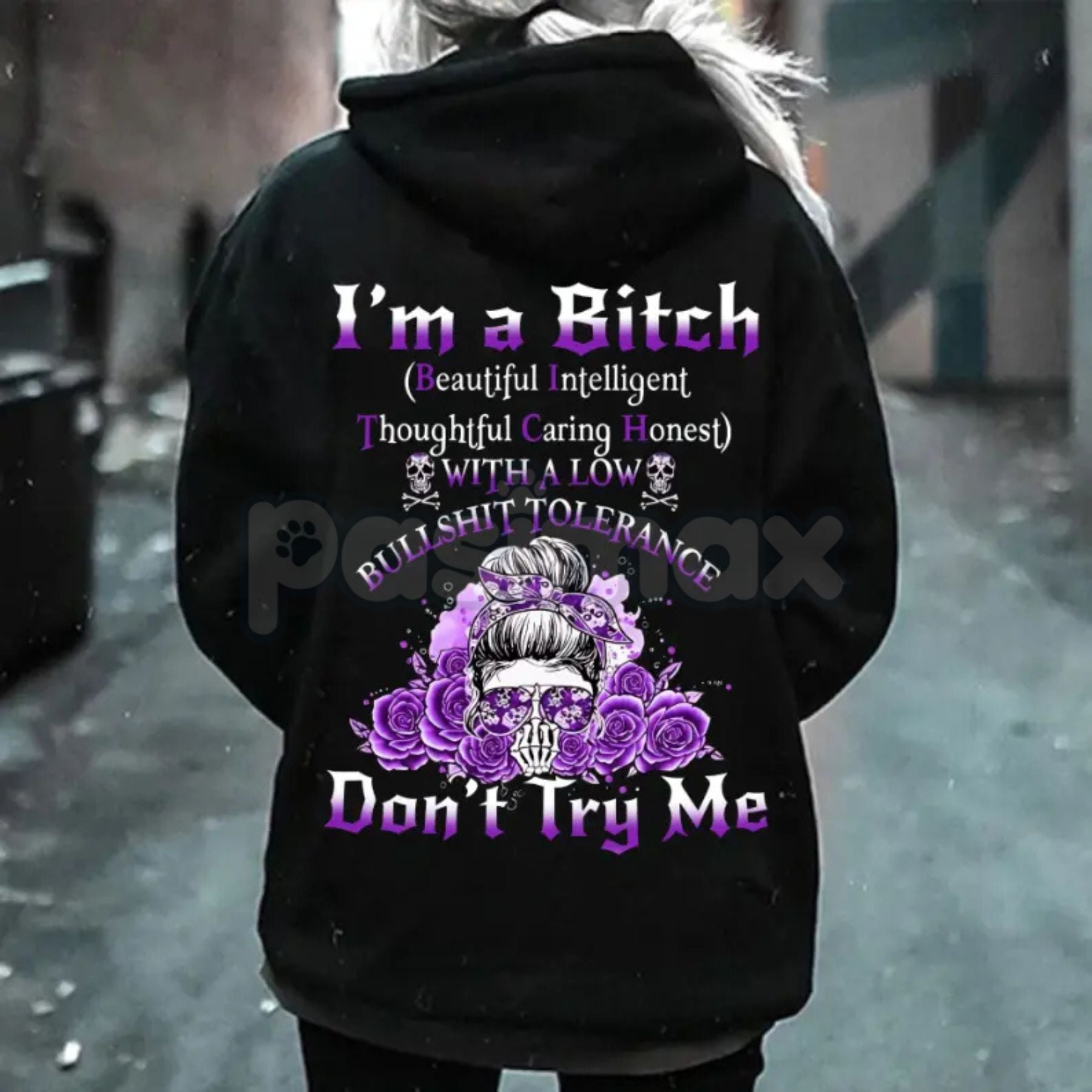 Pasimax "Yes I’m a B Flower Skull" All Over Print Hoodie – "Don't Try Me I'm The B*tch" Gen X Statement Pullover, Unisex Edgy