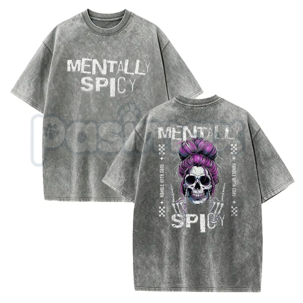 Spicy Brain Skull T-Shirt – Funny Neurospicy Mental Health Graphic Tee, Vintage Washed Edgy Skeleton Lightweight Cotton Meme Top