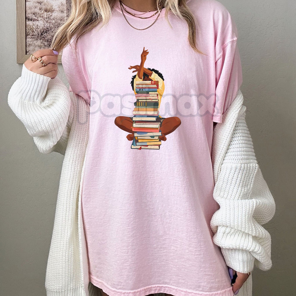 Pasimax Black Woman and Books Stack T-Shirt - Afro Girl Book Lover Graphic Tee, Literary Culture Apparel, Unisex Black Histor