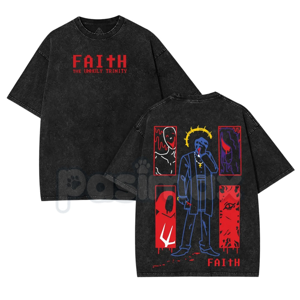 Pasimax FAITH Horror Game Vintage Washed Tee – 8-Bit Retro Unholy Trinity Heavyweight Cotton T-Shirt — lifestyle context