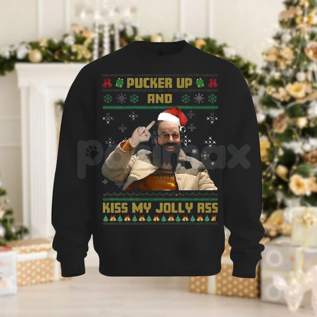 Pasimax Pucker Up And Kiss My Jolly Ass Shirt | Irreverent Funny Christmas Crewneck | Sarcastic Holiday Jumper | Rude Xmas Gi