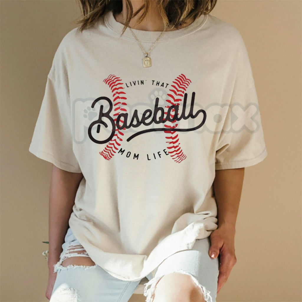 Pasimax "Livin' That Baseball Mom Life" Short Sleeve Crew Neck - Premium 100% Cotton Baseball Mom Graphic Tee, Game Day Sport