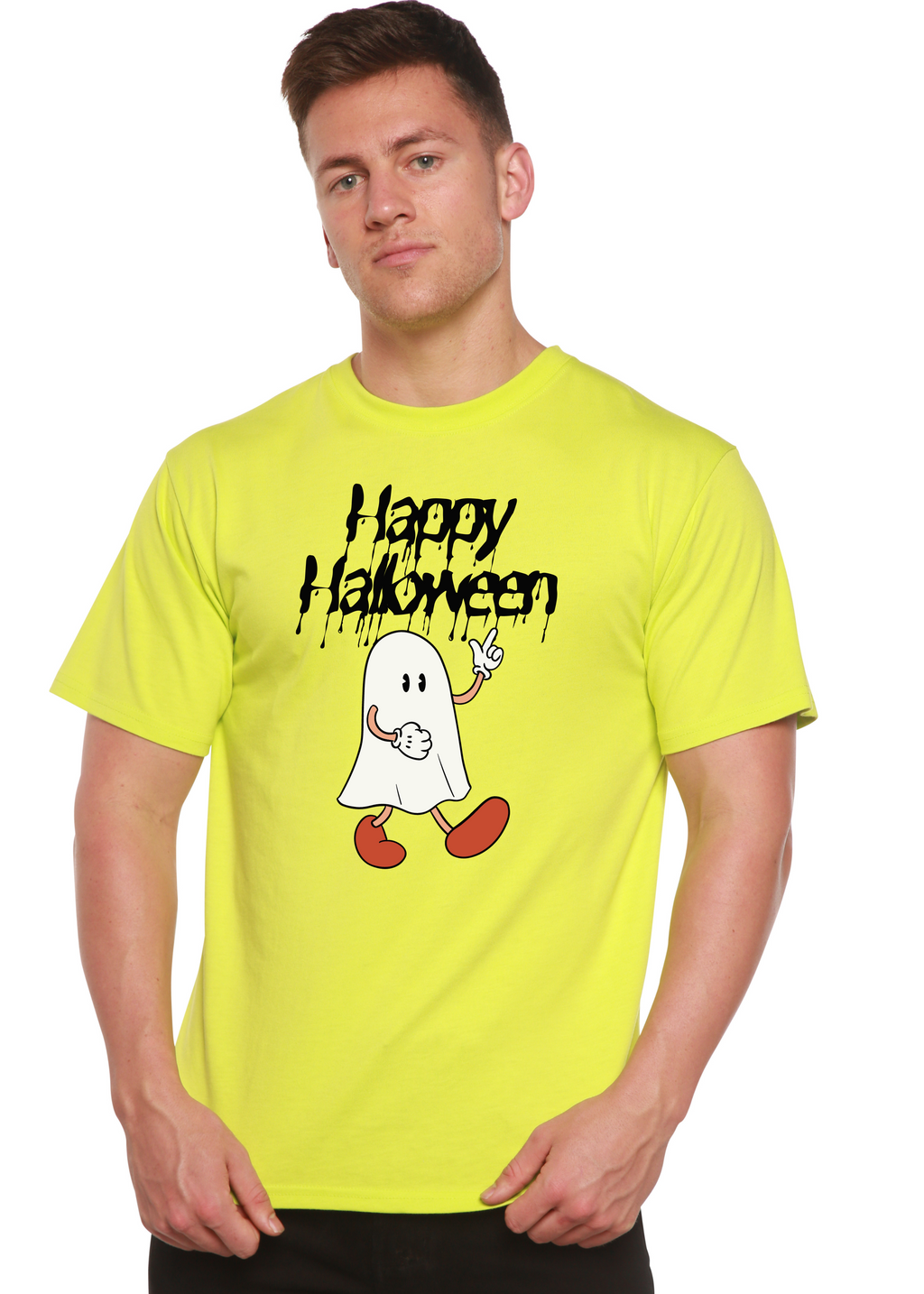 Spun Bamboo Happy Halloween Men's Bamboo Viscose/Organic Cotton Short Sleeve Graphic T-Shirt — back view