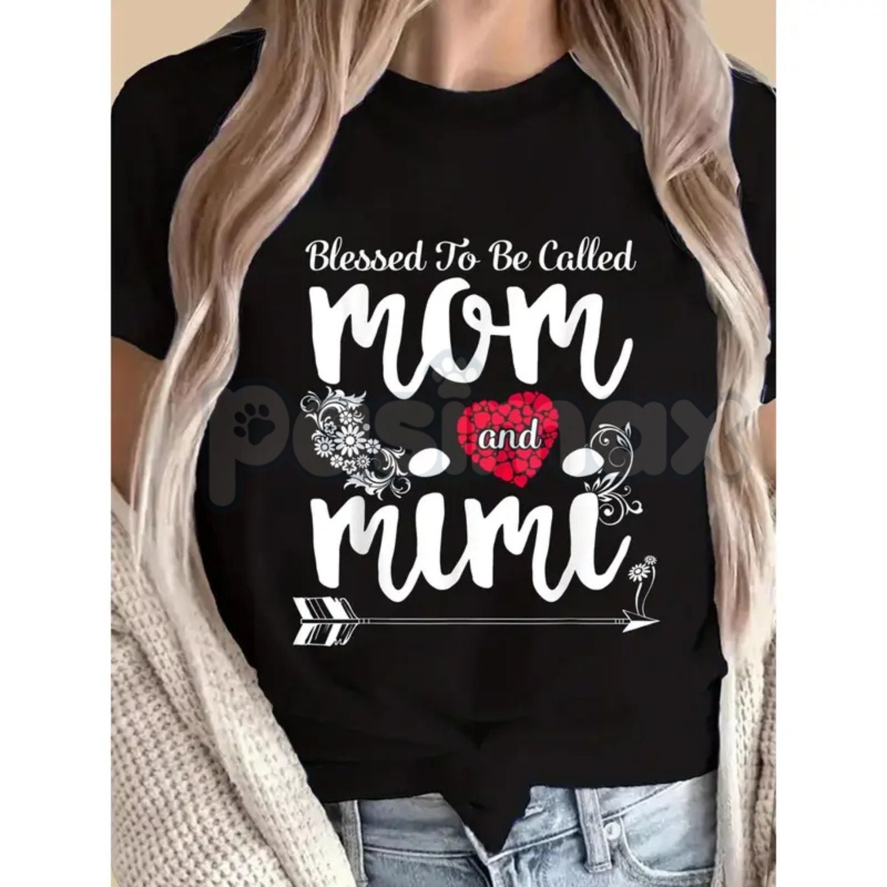 "Called Mom And Mimi's Blessing" Ladies T-Shirt – Casual Pattern Mother's Day Tee, Premium 100% Cotton Grandmother Gift Top, Soft Lived-In Heavyweight Floral Family Shirt, Made in USA