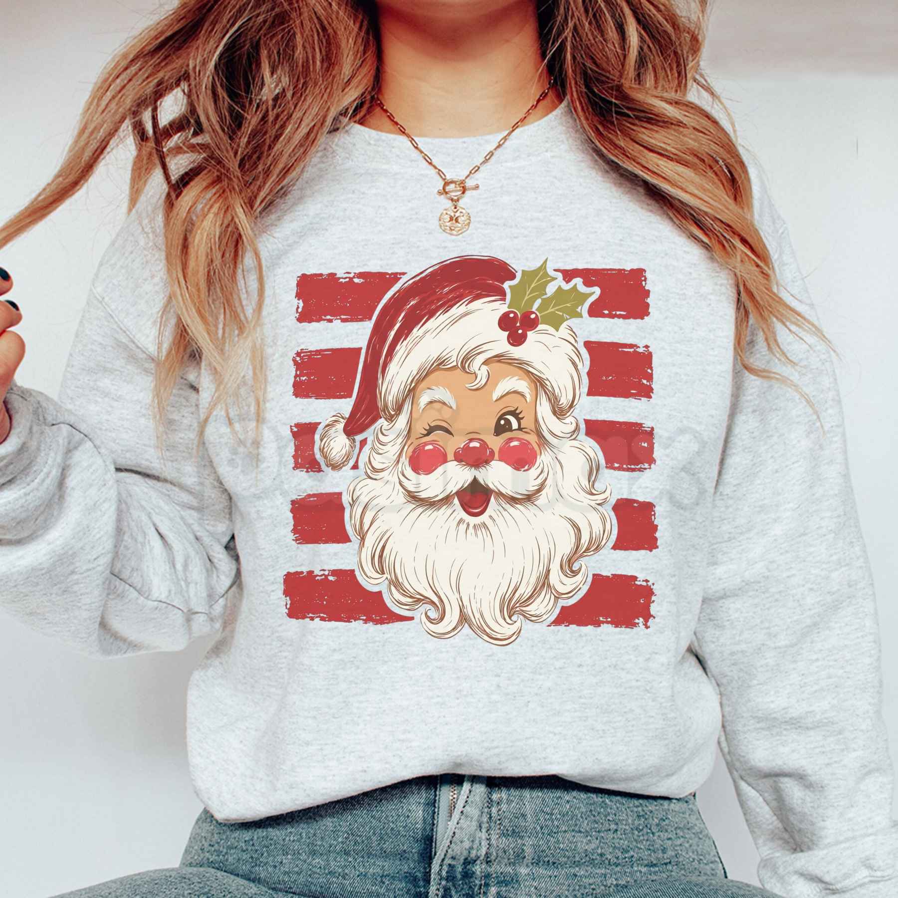 Red Stripe Santa Graphic Top | Vintage Festive Christmas Sweatshirt
