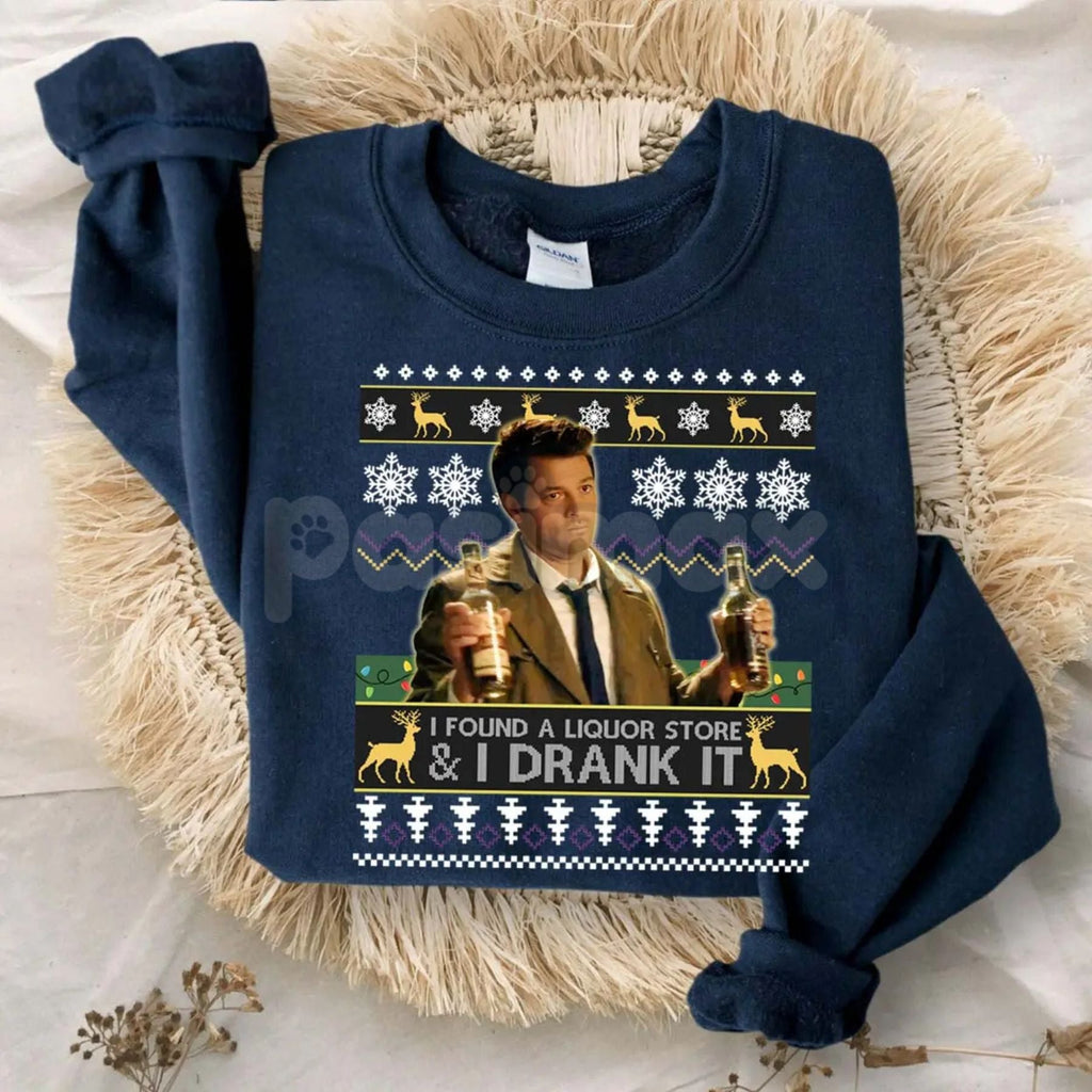 Pasimax "I Found A Liquor Store And I Drank It" Ugly Sweater | Supernatural Moments Quote Funny Christmas Shirt | Dean Winche