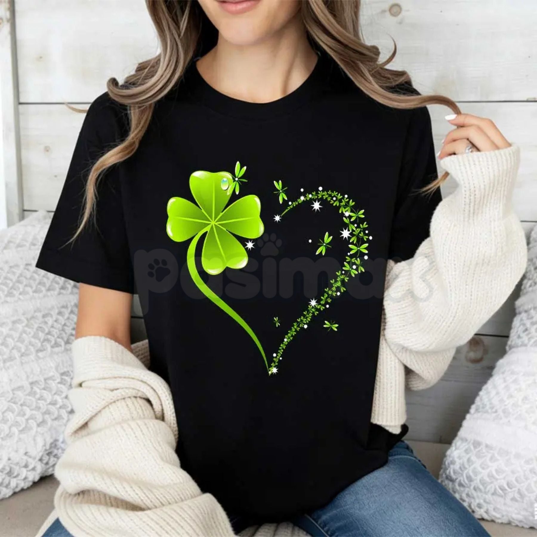 Pasimax Four Leaf Clover Heart St. Patrick's Day T-Shirt - Lucky Clover Heart Graphic Tee, Premium 100% Cotton Crew Neck Cele