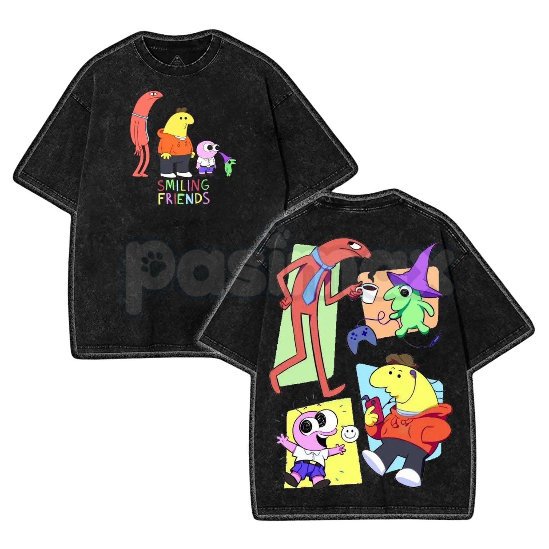 Pasimax Smiling Friends Washed Cotton Shirt – Retro Season 3 Graphic Tee, Vintage Oversized Animation Merch — lifestyle conte