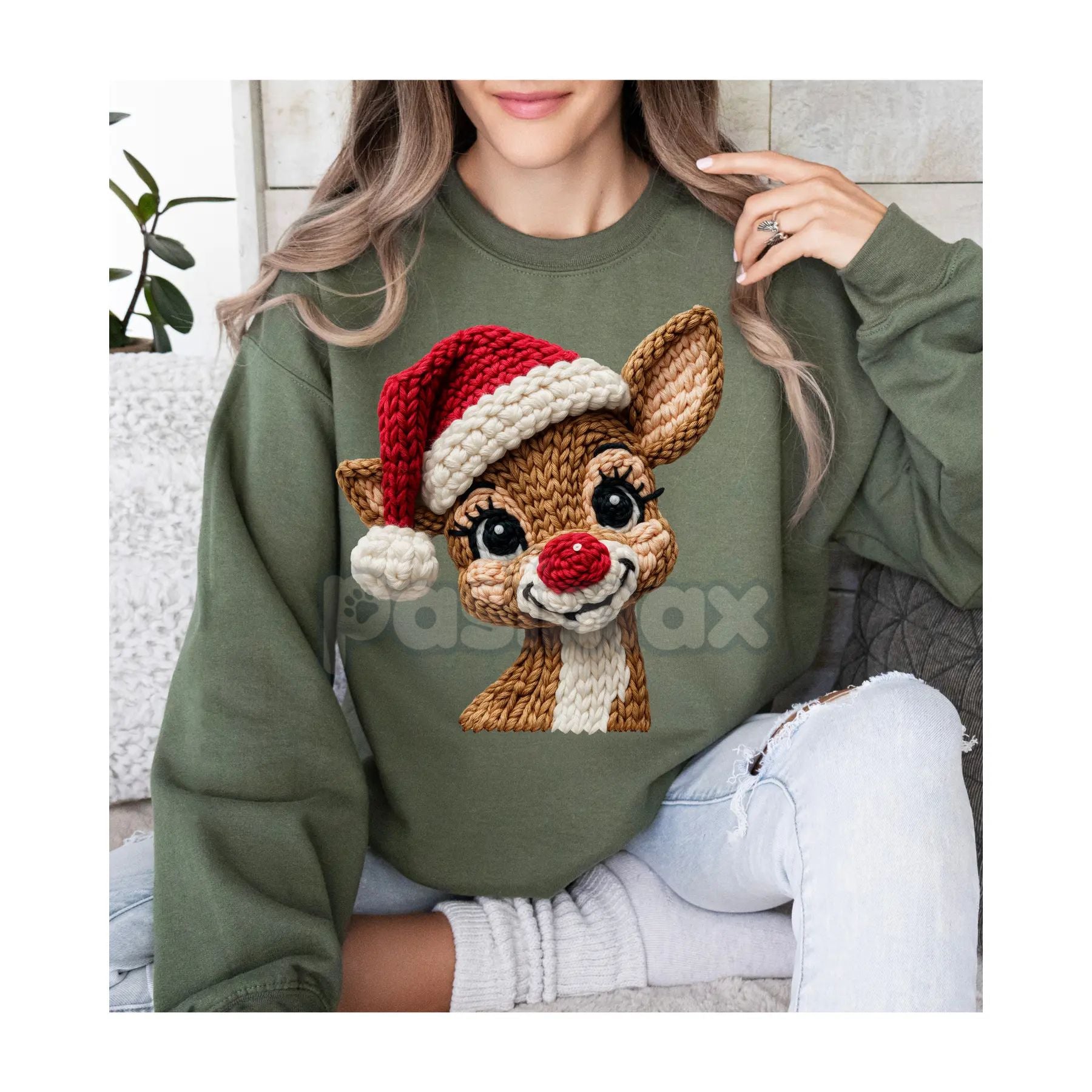 Pasimax Classic Red Nose Reindeer & Santa Hat Holiday Sweatshirt – Whimsical Christmas Crewneck — lifestyle context