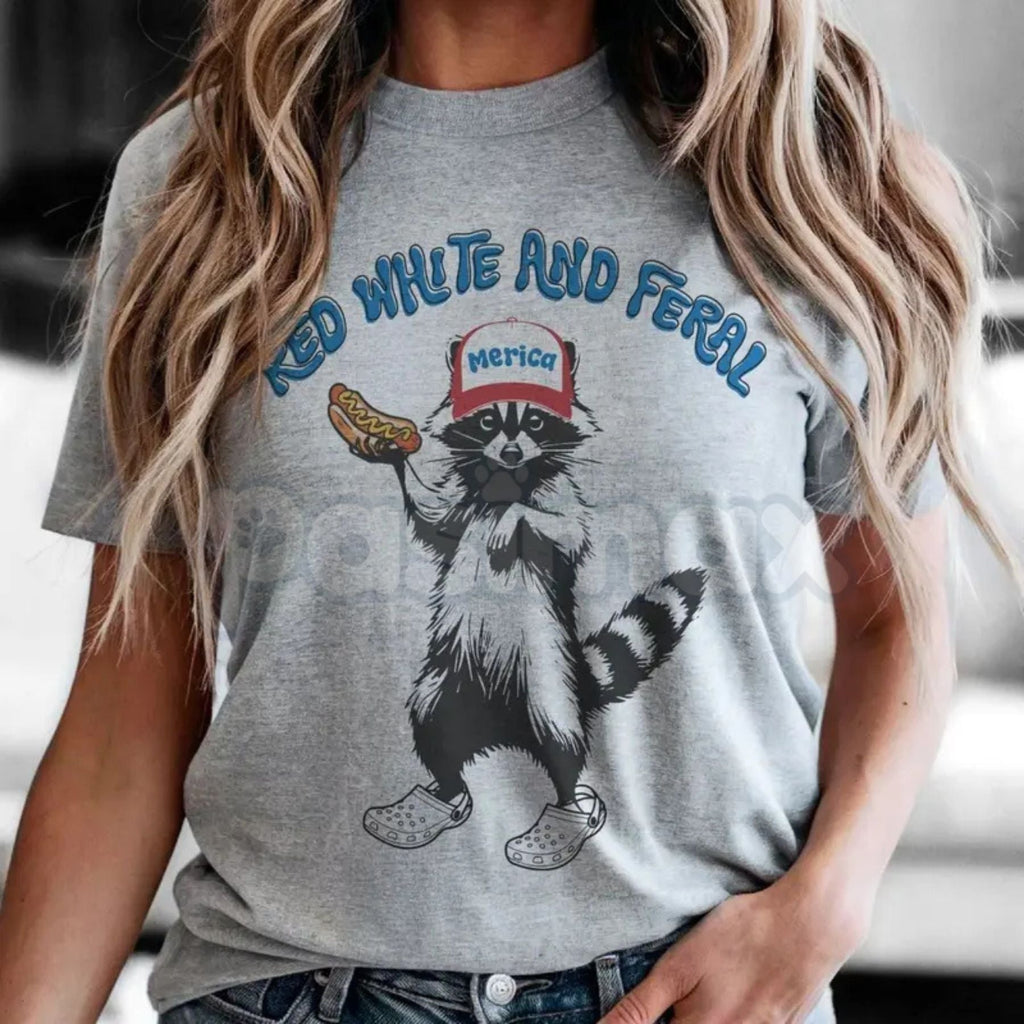 USA "Feral Raccoon" Red White & Blue T-Shirt – Funny Patriotic Trash Panda Tee, Premium 100% Cotton American Chaos Top, Soft Lived-In Heavyweight Rowdy Raccoon Shirt, Made in USA