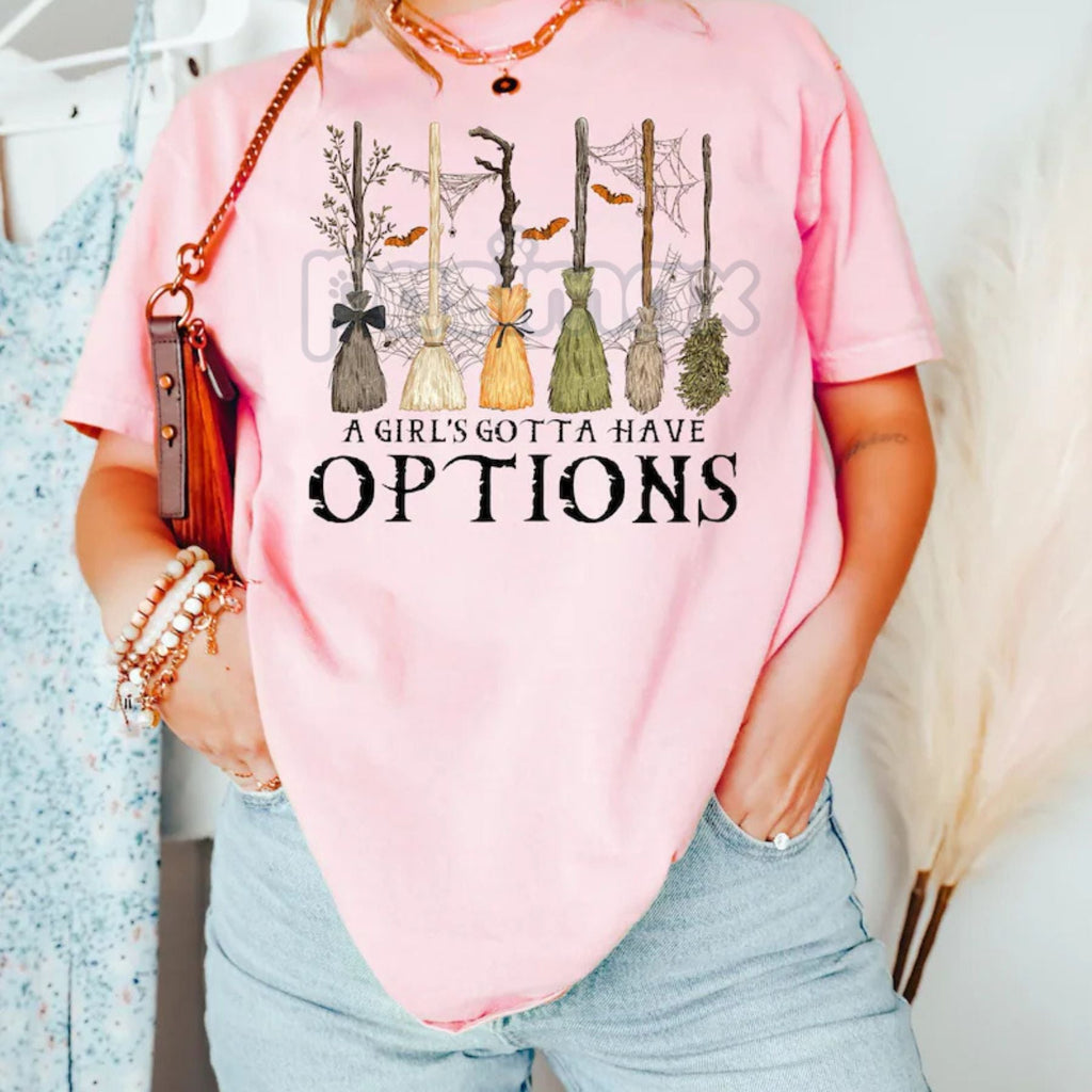 Pasimax 'A Girl Gotta Have Options' Witches Halloween Shirt — lifestyle context