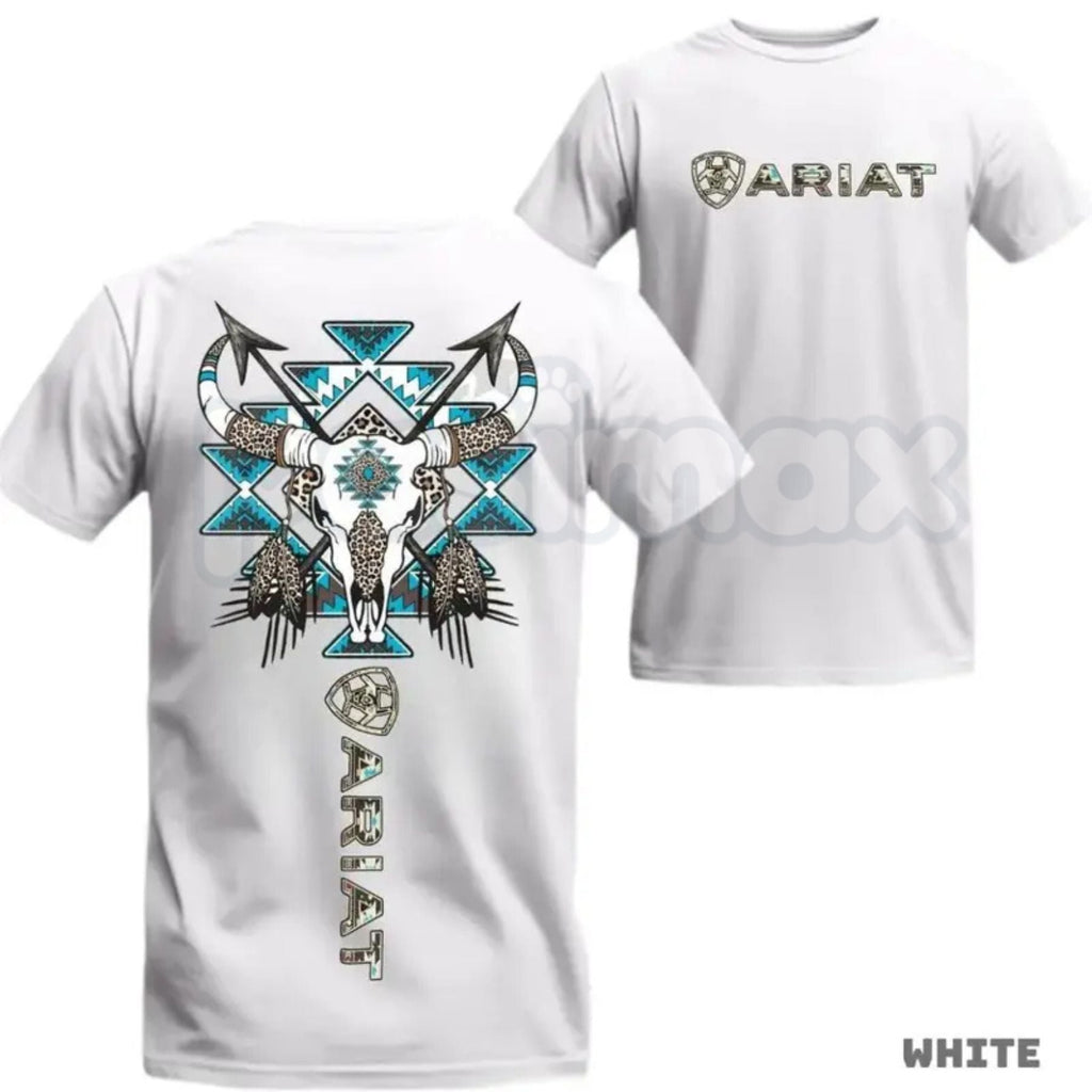 Ariat Tribal Skull T-Shirt – Western Bull Skull & Feathers Graphic, Premium 100% Cotton Blue Aztec Pattern Top, Soft Lived-In Heavyweight Southwestern Ranch Shirt, Made in USA