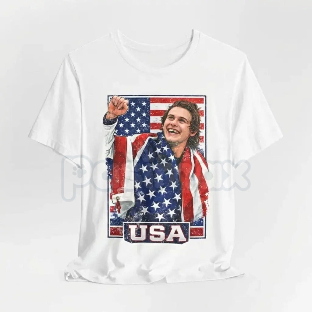 Pasimax Jack Hughes Team USA Hockey Fan T-Shirt - Olympic USA Graphic Tee, Premium Heavyweight 100% Cotton Hockey Top, Americ