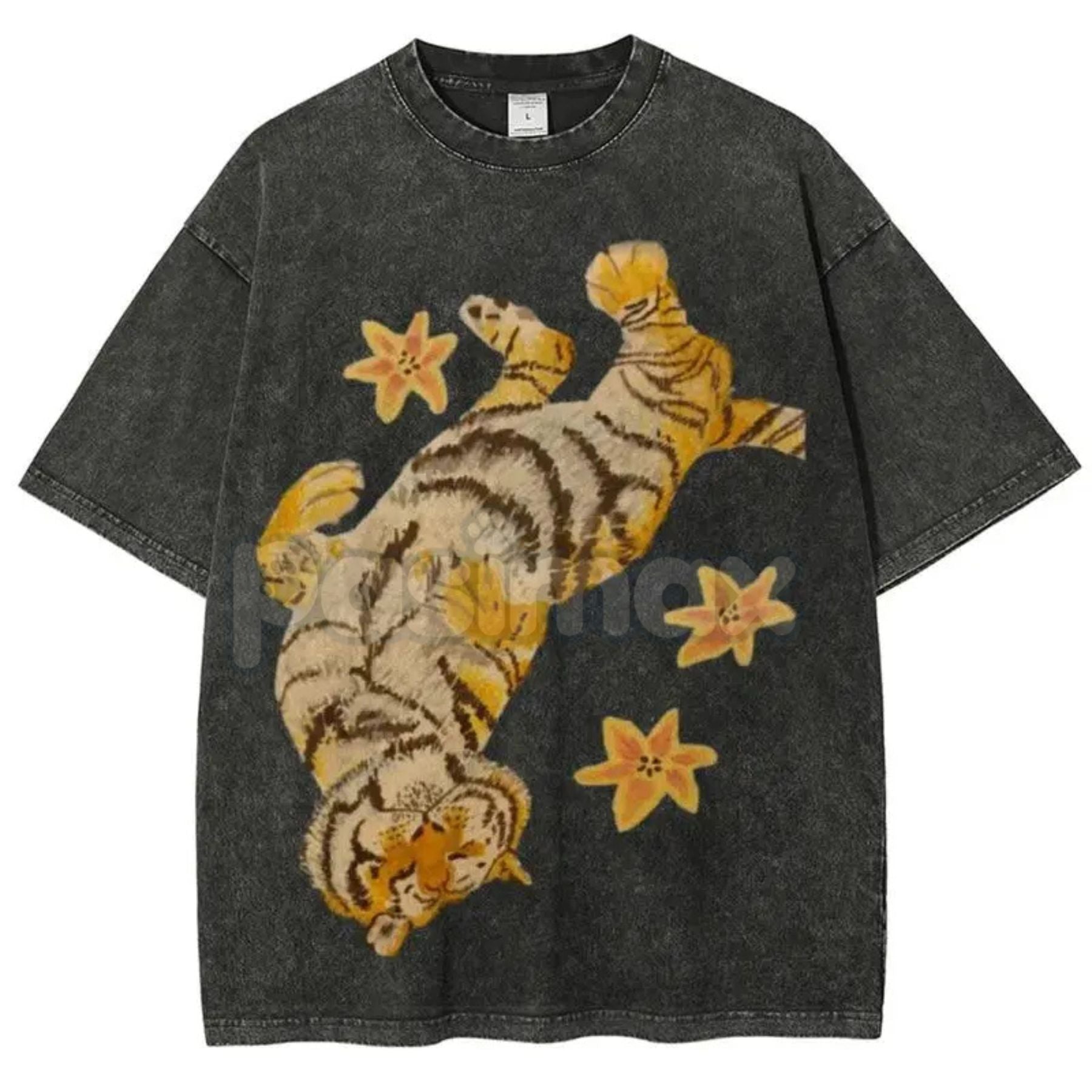 Pasimax Lazy Tiger Unisex Vintage Washed Tee – Oversized Animal Graphic Shirt, Chill Streetwear — lifestyle context