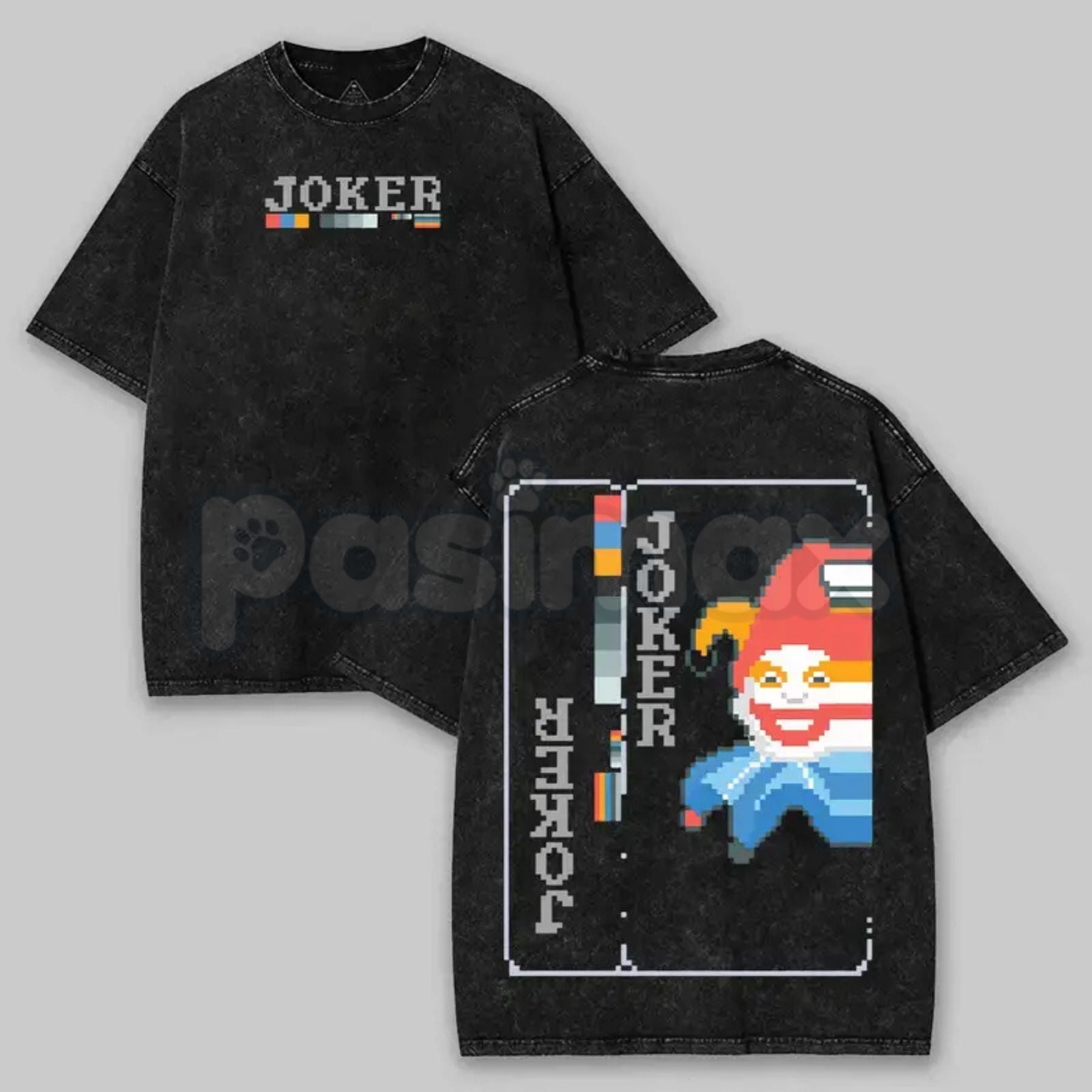 Pasimax Balatro Misprint Joker Graphic Tee – Oversized Pixel Art T-Shirt, Vintage Washed Retro Gaming Merch — lifestyle conte