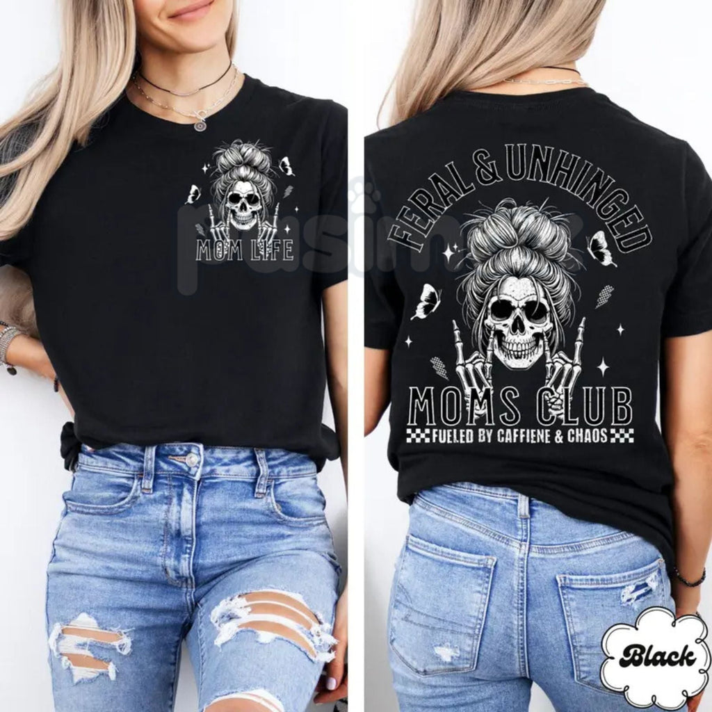 Pasimax Vintage Skeleton Coffee Mom T-Shirt - Feral and Unhinged Moms Club Grunge Tee, Premium 100% Cotton Gothic Motherhood 