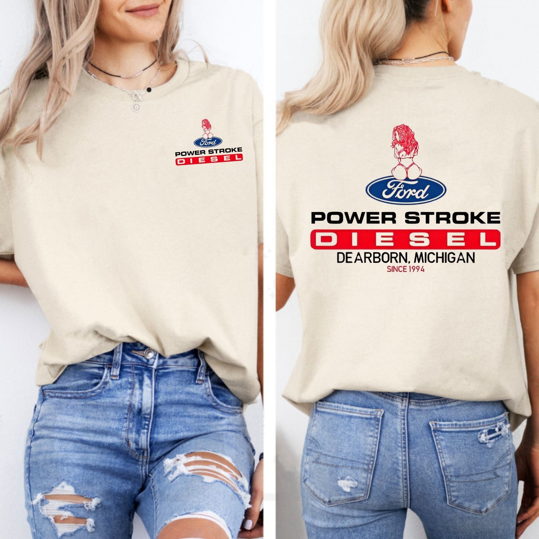 Pasimax Power Stroke Logo T-Shirt with Lady Graphic — lifestyle context