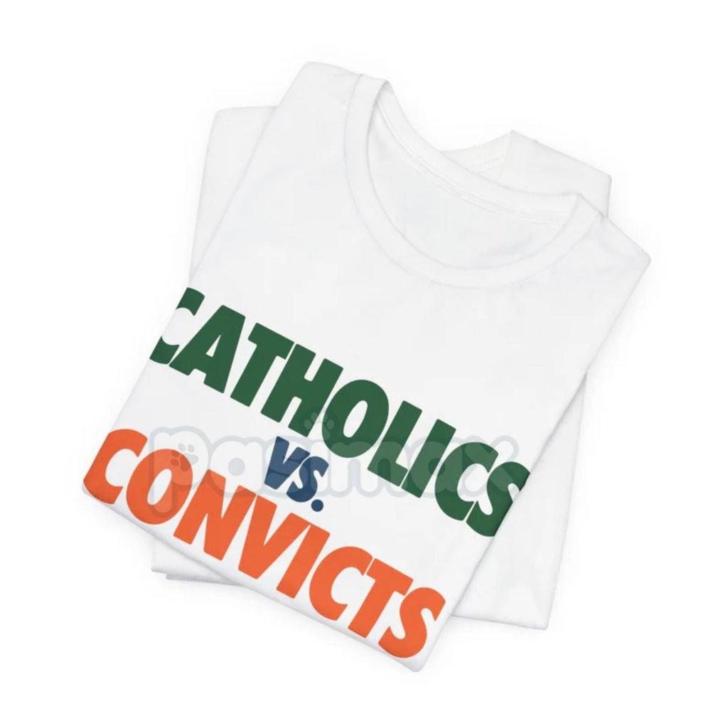 Pasimax "Catholics vs Convicts" T-Shirt - Notre Dame vs Miami 1988 Rivalry Tee, Vintage College Football History Apparel, Uni