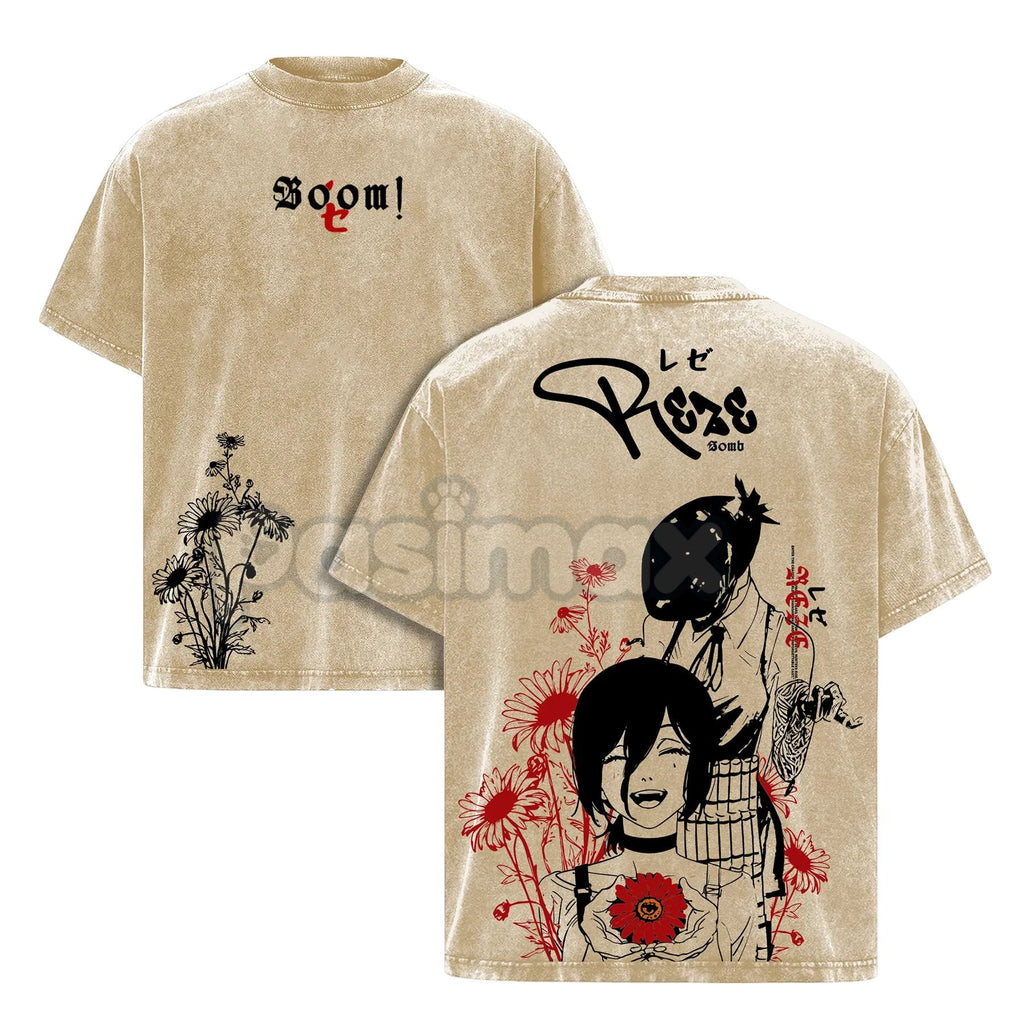 Pasimax Reze Chainsaw Man T-Shirt – Vintage Washed Oversized Heavy Cotton Tee, Bomb Devil Graphic — lifestyle context