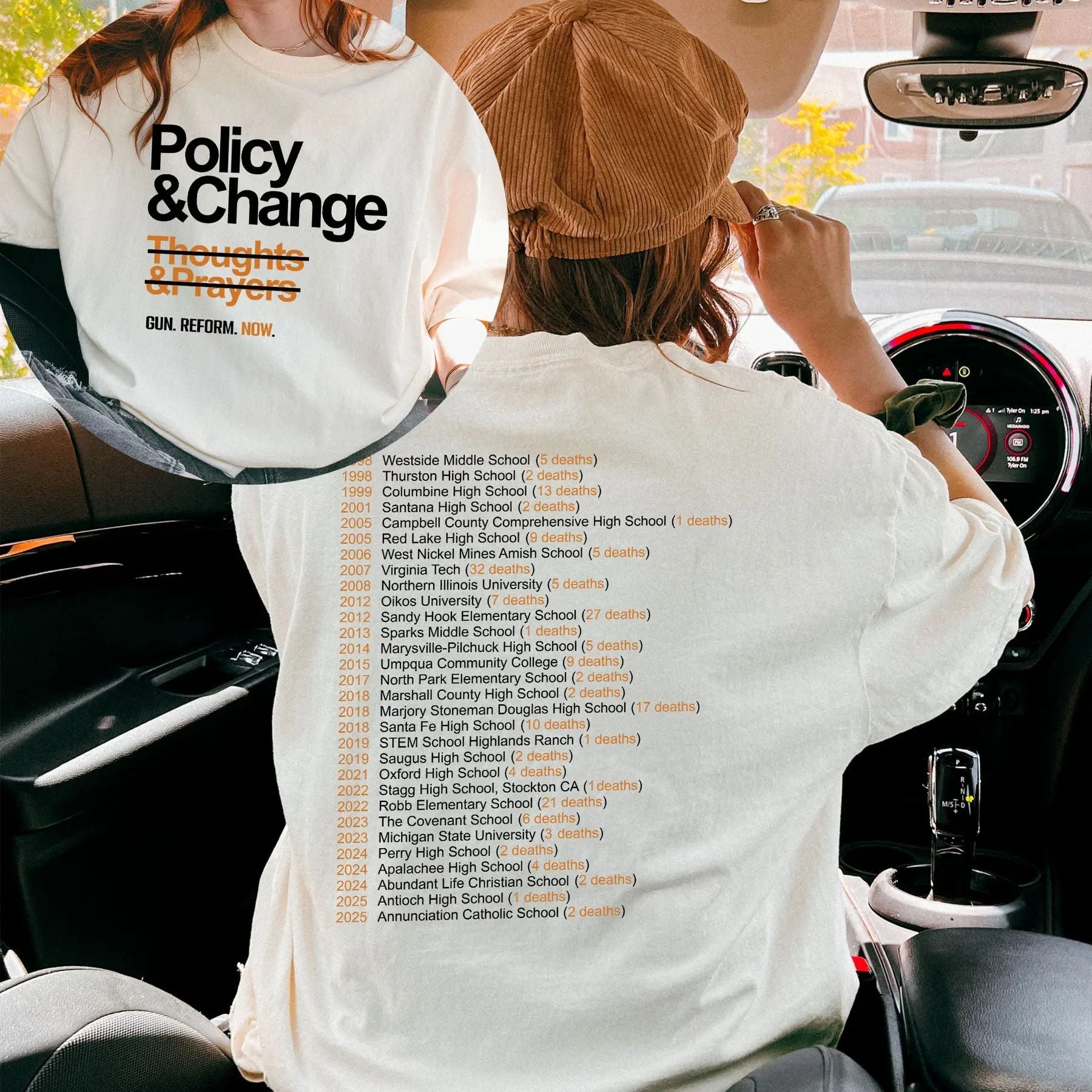 Pasimax "Policy & Change" Gun Reform T-Shirt — lifestyle context