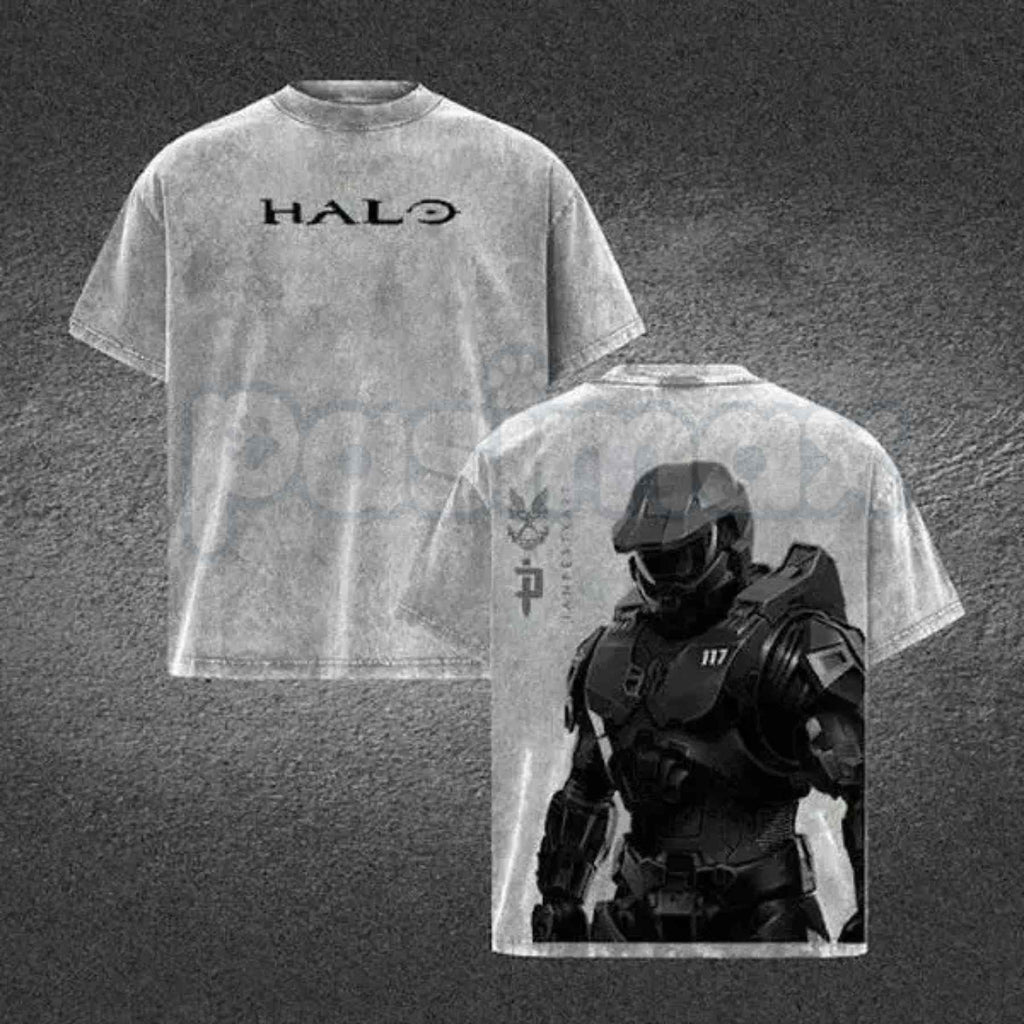 HALO Master Chief 117 T-Shirt – Retro Spartan Back Print Graphic Tee, Premium Acid Wash Oversized Lightweight Cotton Gaming Streetwear Top