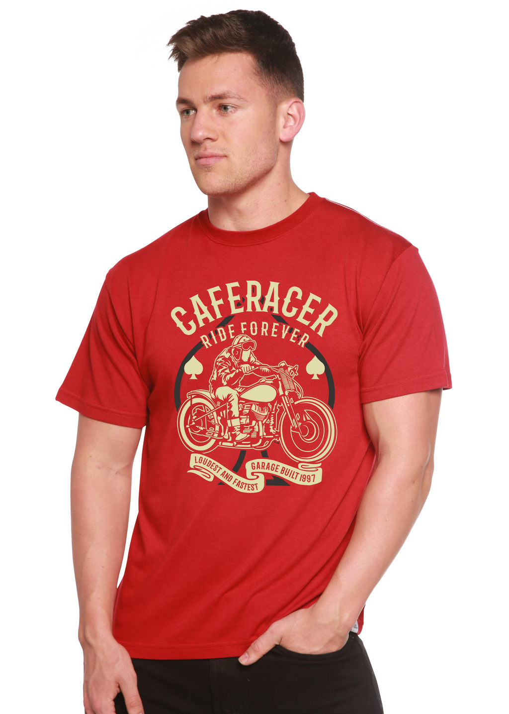 Spun Bamboo Caferacer Ride Forever Men's Bamboo Viscose/Organic Cotton Short Sleeve Graphic T-Shirt — lifestyle context