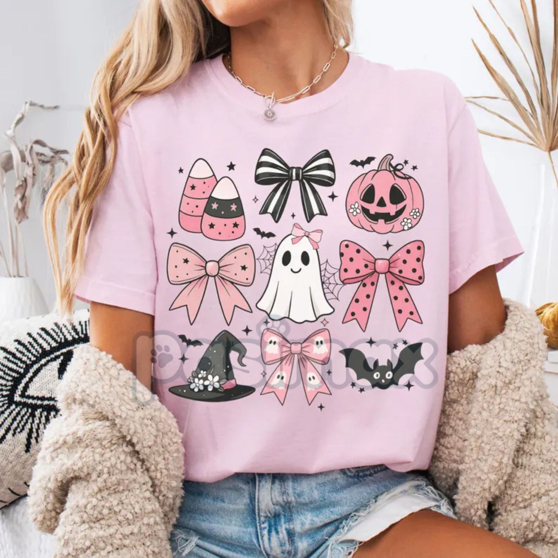 Pasimax Comfort Colors® Pink Girly Bows Halloween Tee — lifestyle context