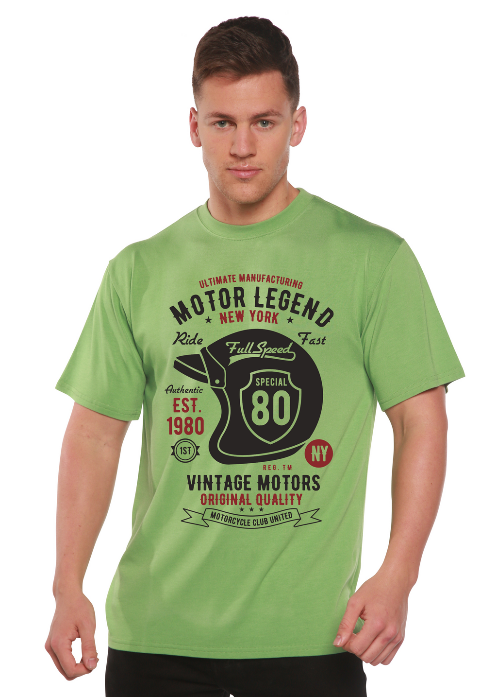 Spun Bamboo Motor Legend Helmet Men's Bamboo Viscose/Organic Cotton Short Sleeve Graphic T-Shirt — side view