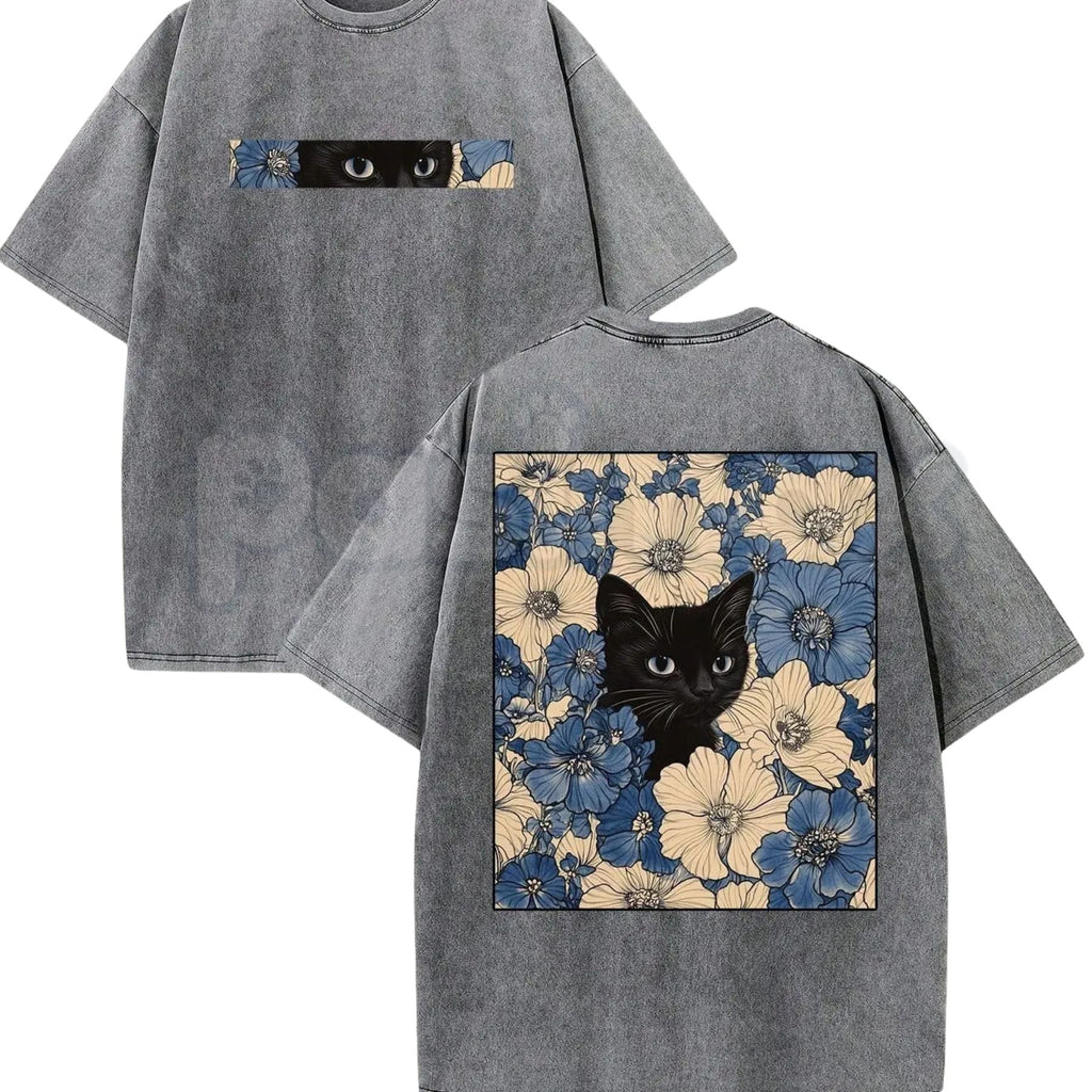 Cat in the Flowers Double-Sided T-Shirt – Retro Washed Botanical Kitten Graphic Tee, Vintage Aesthetic Lightweight Cotton Cat Mom Top