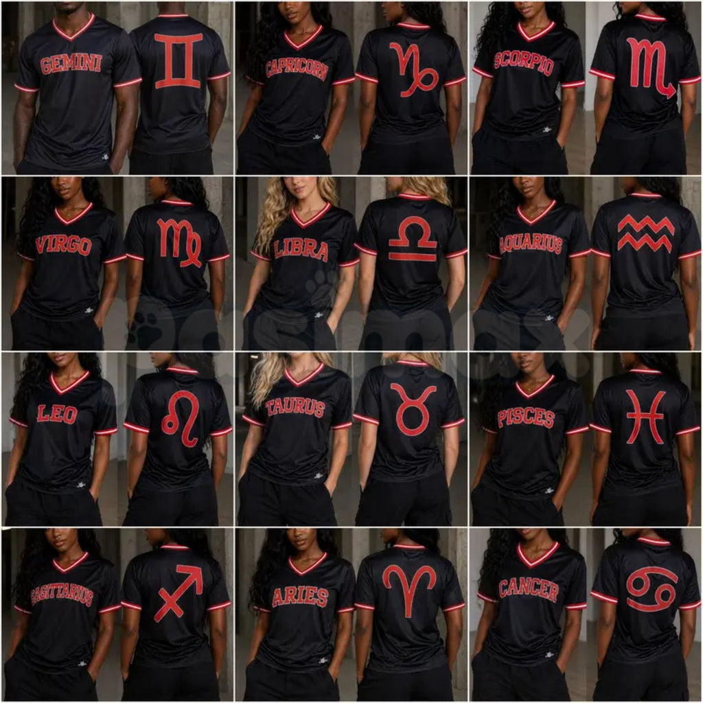 Zodiac Astrology Breathable Athletic V-Neck Jersey – Front & Back Print Short Sleeve Sportswear