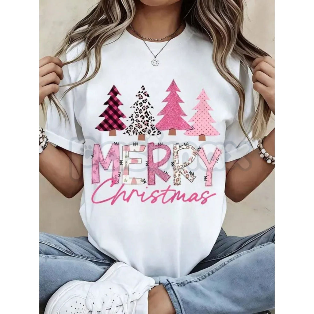 Pasimax Leopard Print Pink Plaid Christmas Trees T-Shirt - Glam Holiday Statement Tee, Maximalist Festive Fashion for Women, 
