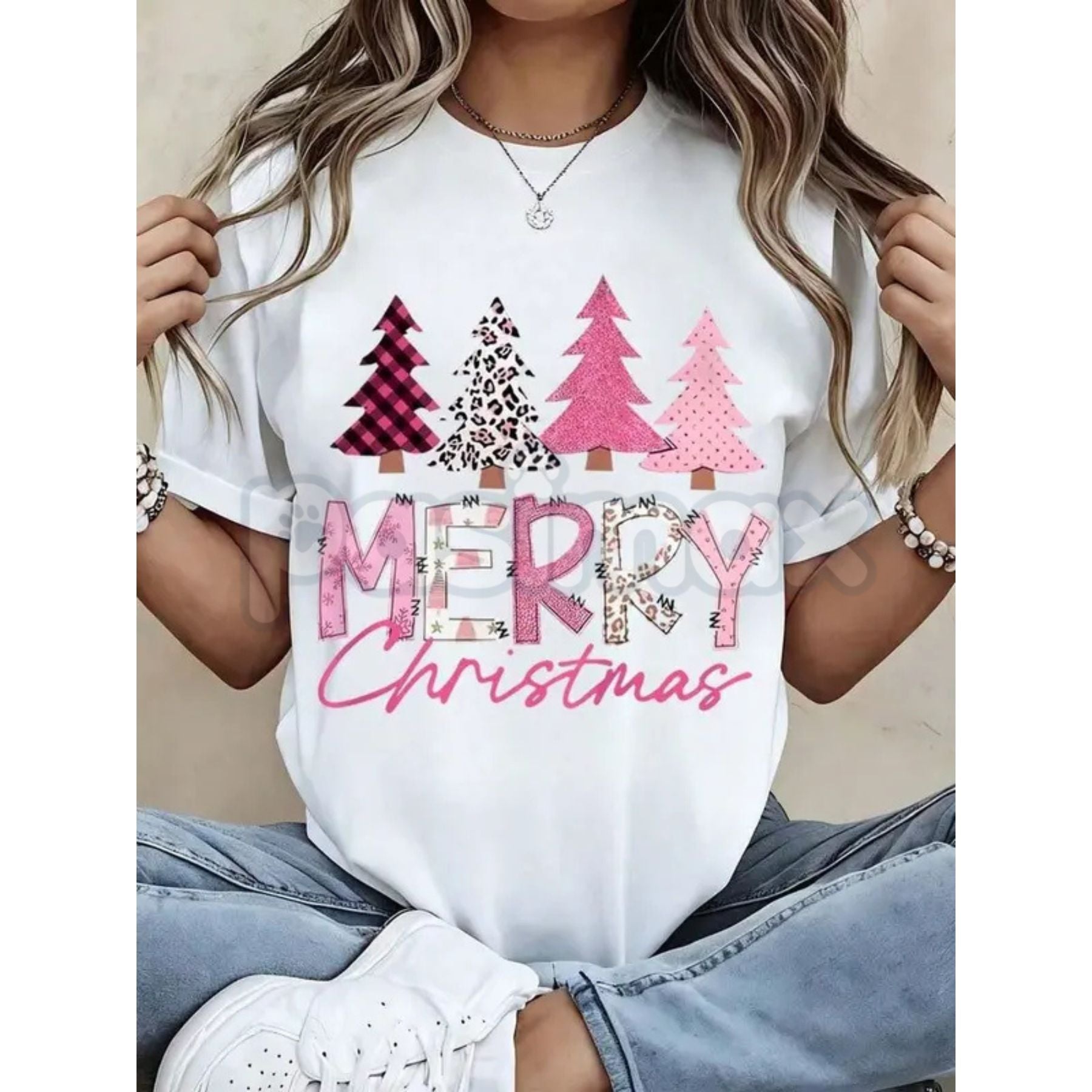 Pasimax Leopard Print Pink Plaid Christmas Trees T-Shirt - Glam Holiday Statement Tee, Maximalist Festive Fashion for Women, 