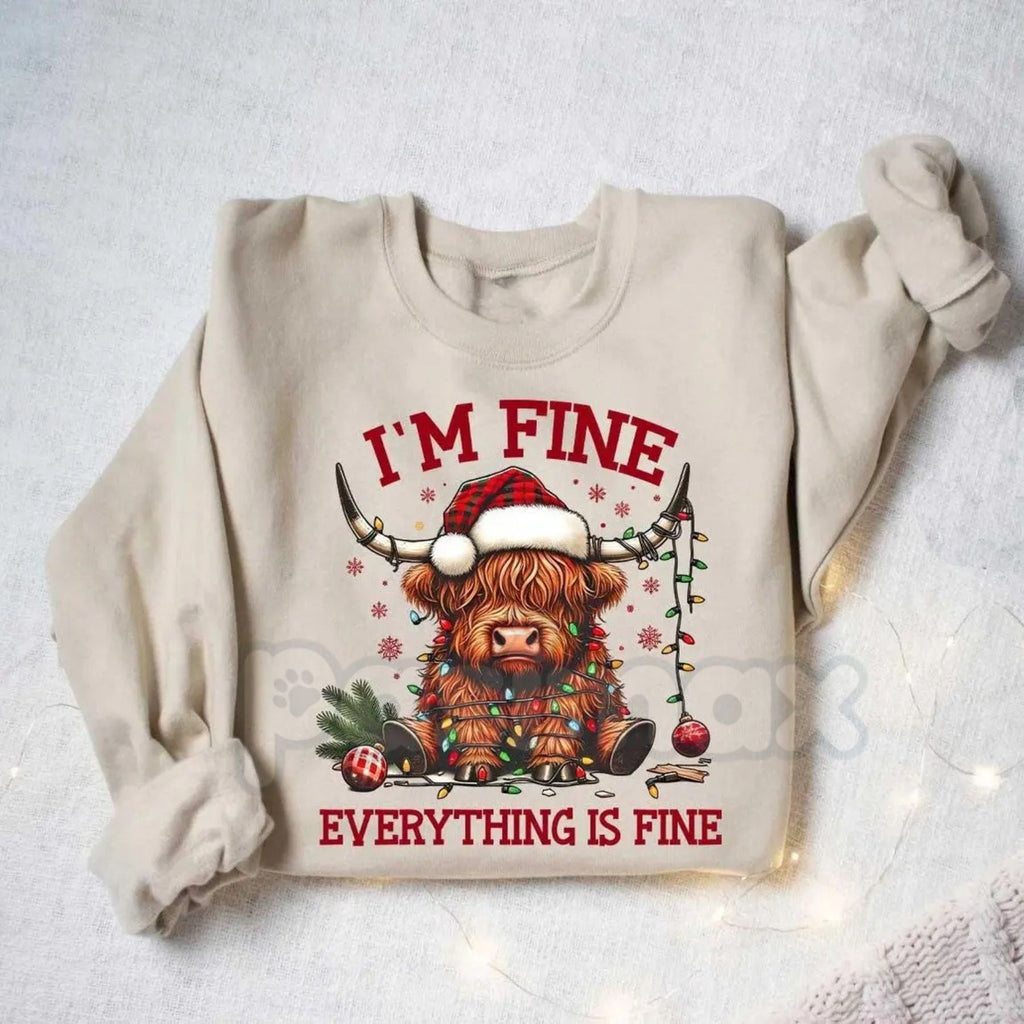 Pasimax Christmas Lights Cow Sweatshirt | Funny Highland Cow Shirt | Festive Animal Crewneck | Cute Xmas Farm Gift Jumper — l