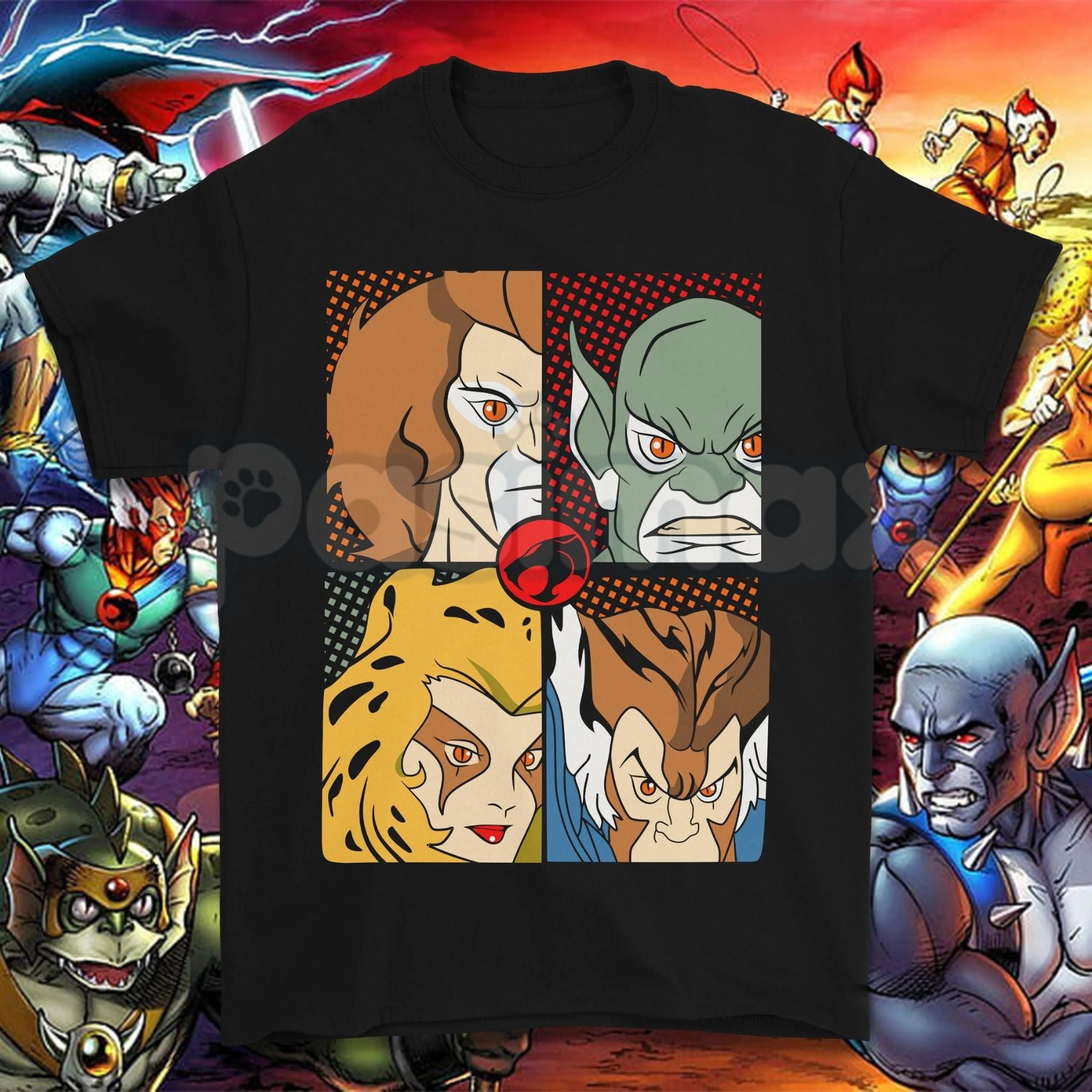 Vintage 80s Cartoon Thundercats Graphic Tee – Retro Character Grid Print Shirt, Nostalgic Streetwear Unisex T-Shirt